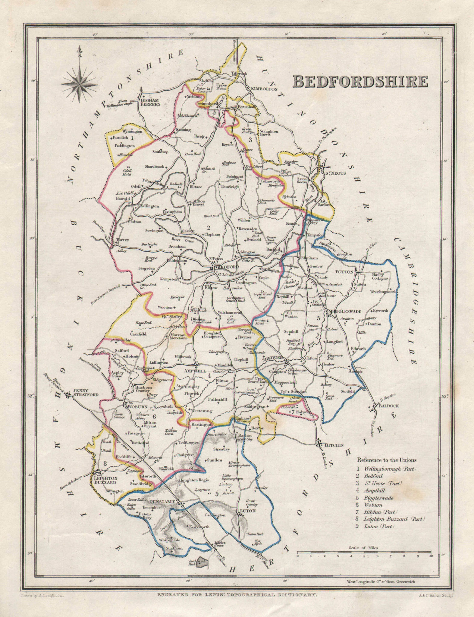 Antique county map of BEDFORDSHIRE by Creighton & Walker for Lewis c1840