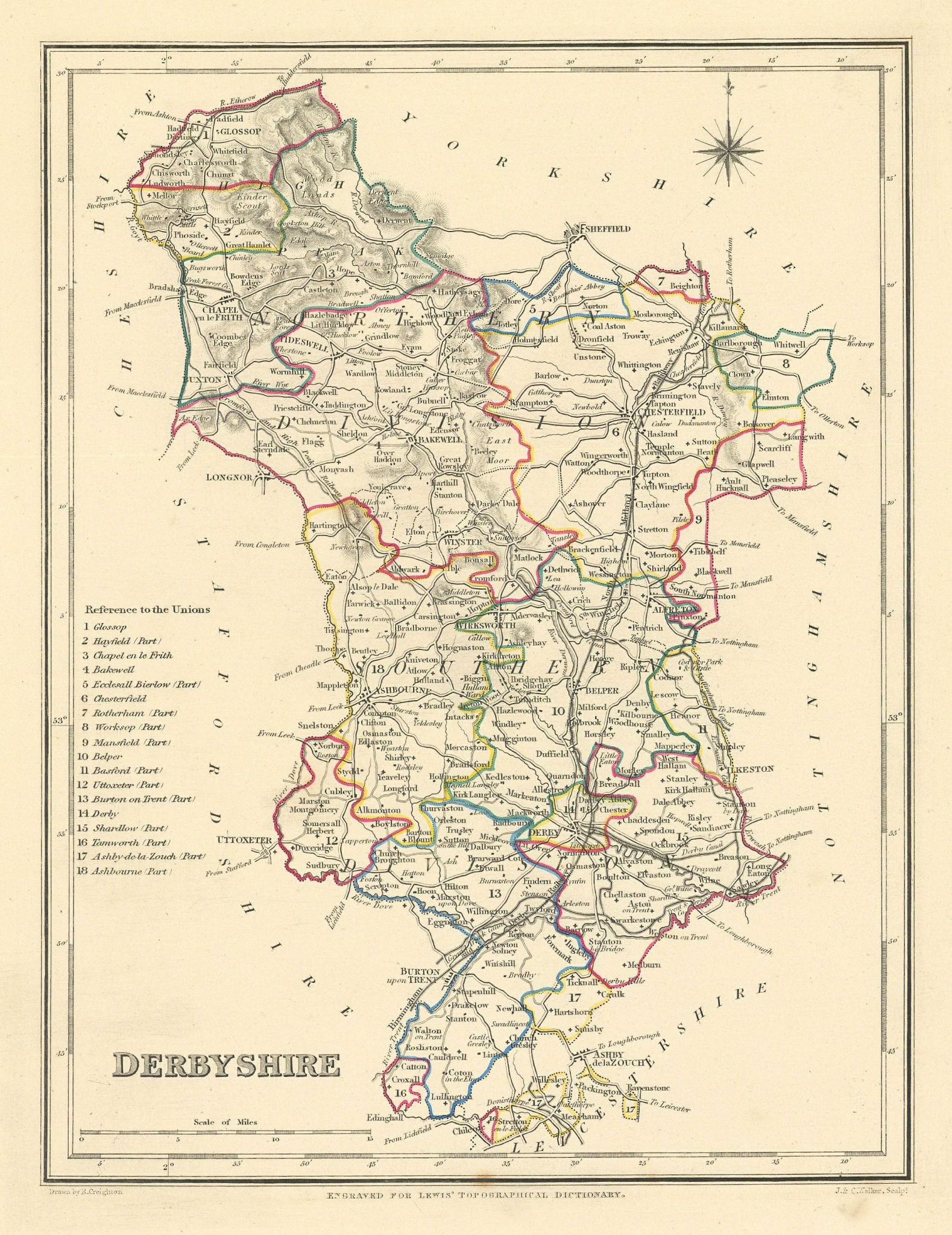 Antique county map of DERBYSHIRE by Creighton & Walker for Lewis c1840 old