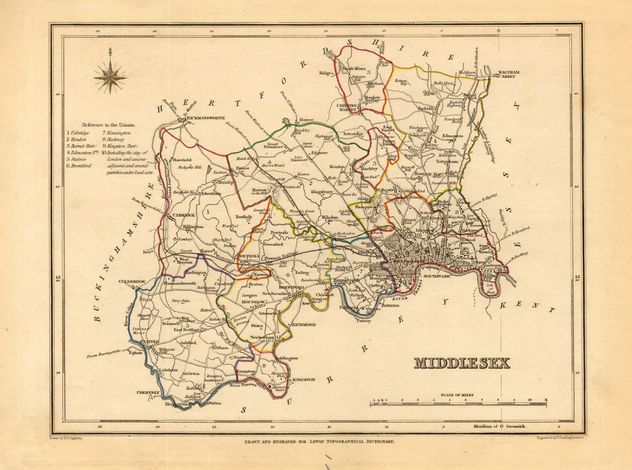 Associate Product Antique county map of MIDDLESEX by Creighton & Starling for Lewis c1840