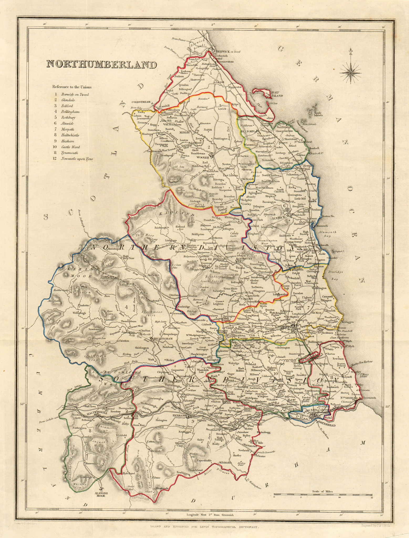 Antique county map of NORTHUMBERLAND by Creighton & Walker for Lewis c1840