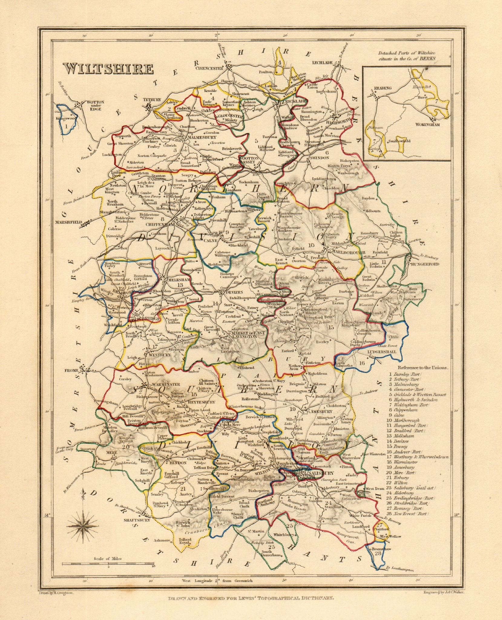 Antique county map of WILTSHIRE by Creighton & Walker for Lewis c1840 old