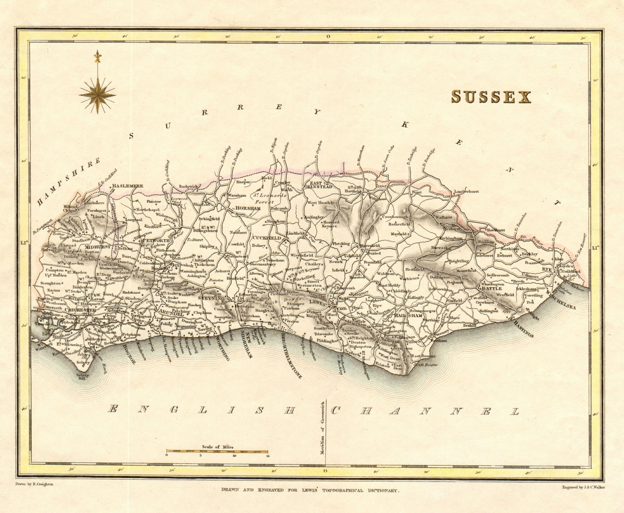 Associate Product Antique county map of SUSSEX by Creighton & Walker for Lewis. Coloured c1840