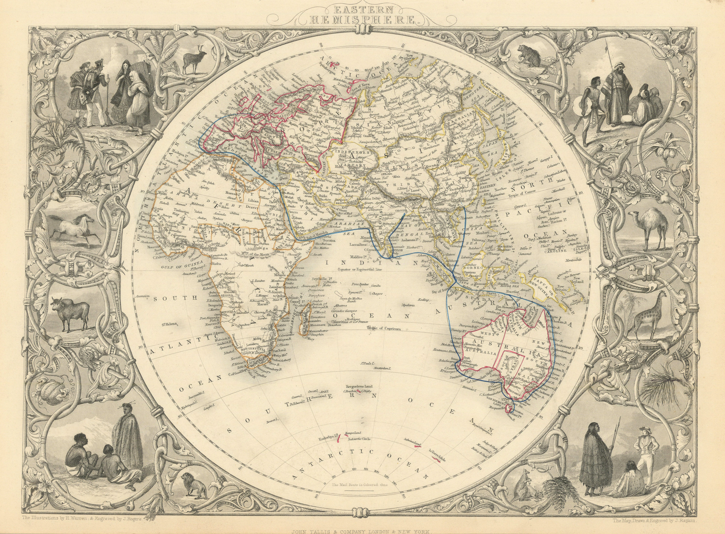 Associate Product EASTERN HEMISPHERE.Shows mail routes to British colonies. RAPKIN/TALLIS 1851 map