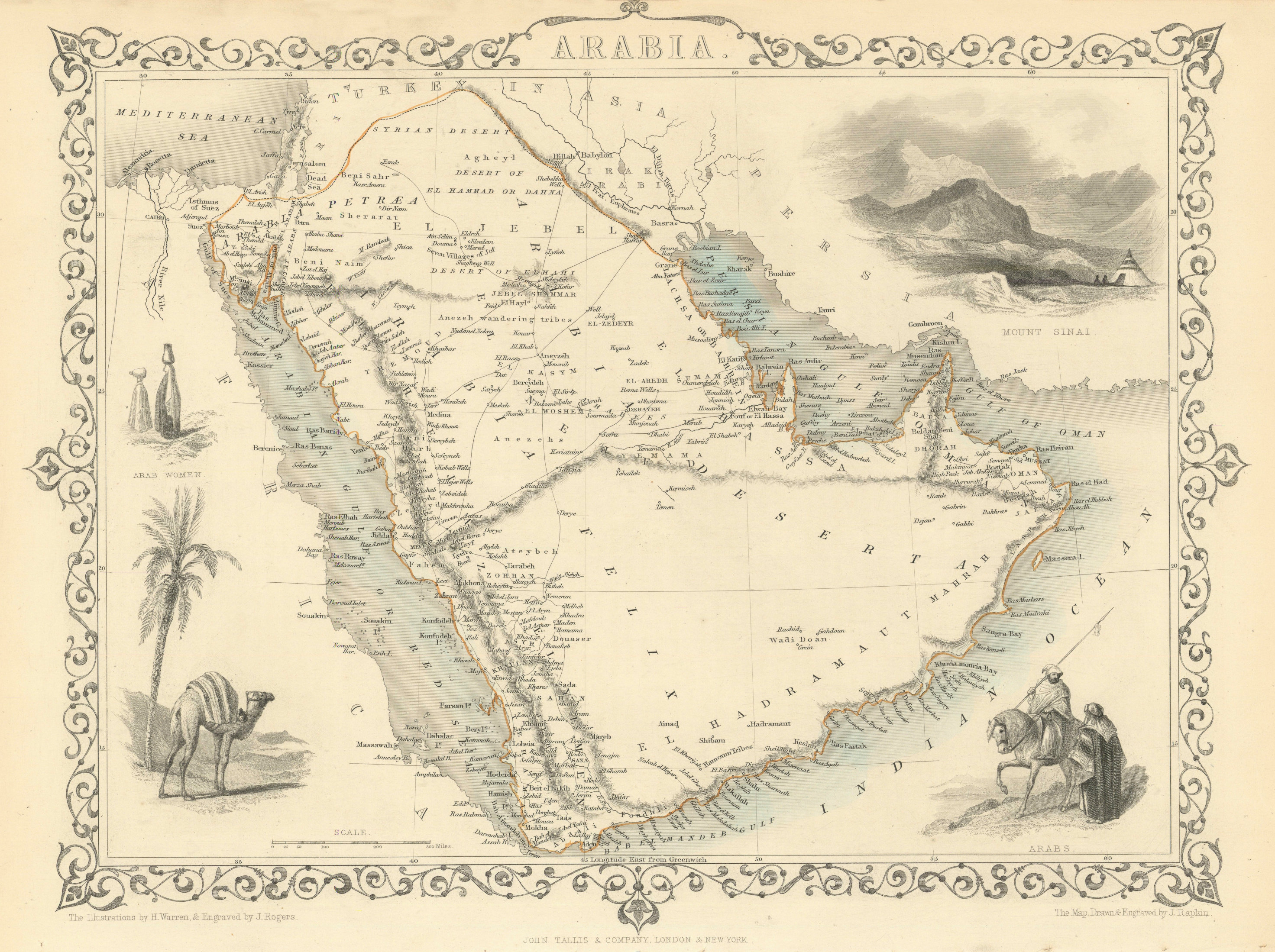 ARABIA. Deba (Dubai) Abothubi (Abu Dhabi) Oman Kuwait. TALLIS & RAPKIN 1851 map