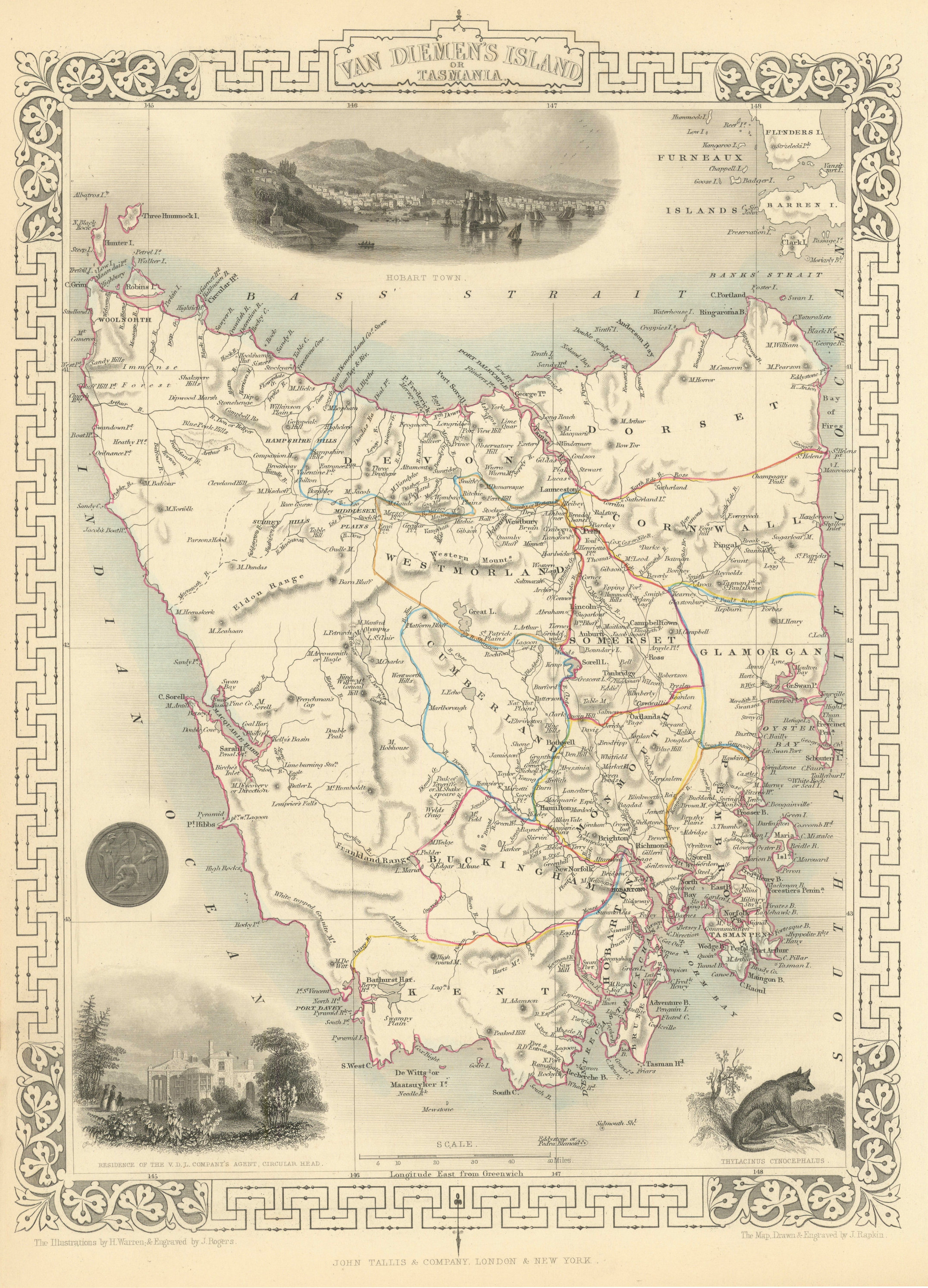 Associate Product VAN DIEMEN'S ISLAND OR TASMANIA. Shows extinct Thylacine. RAPKIN/TALLIS 1851 map