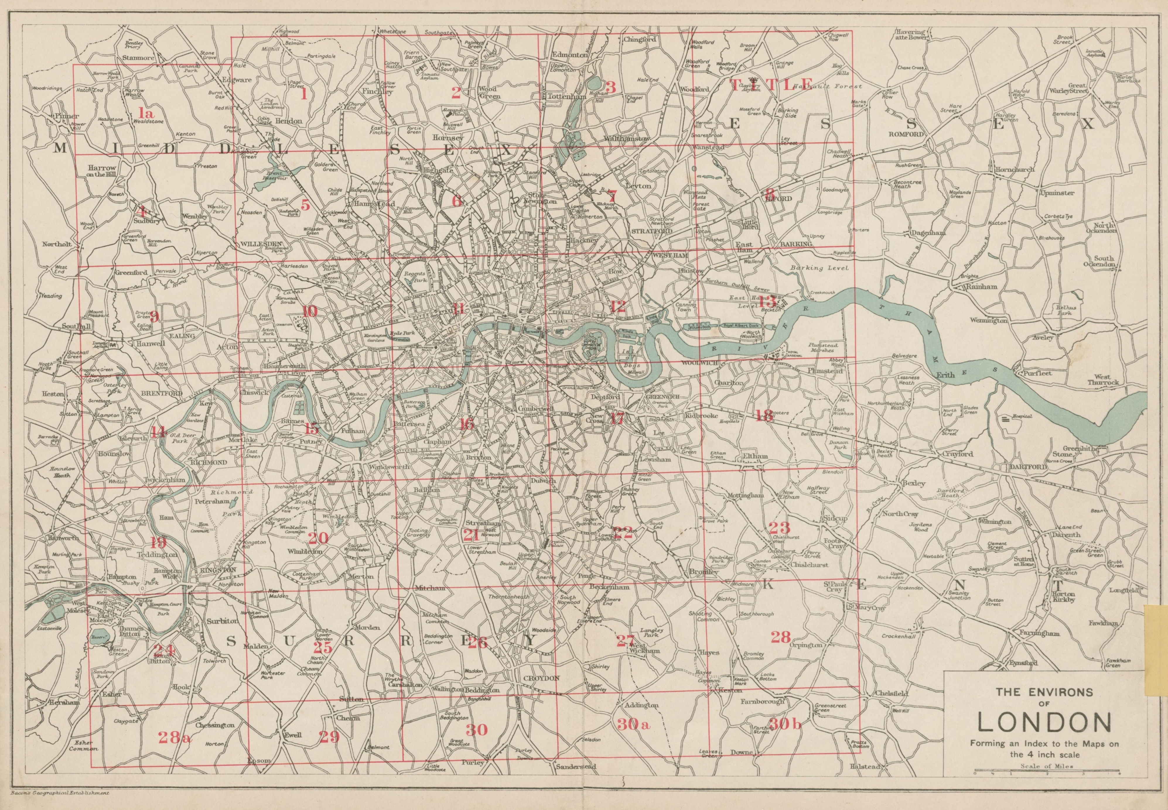 GREATER LONDON ENVIRONS. General Index map to 4 inch scale maps. BACON 1919