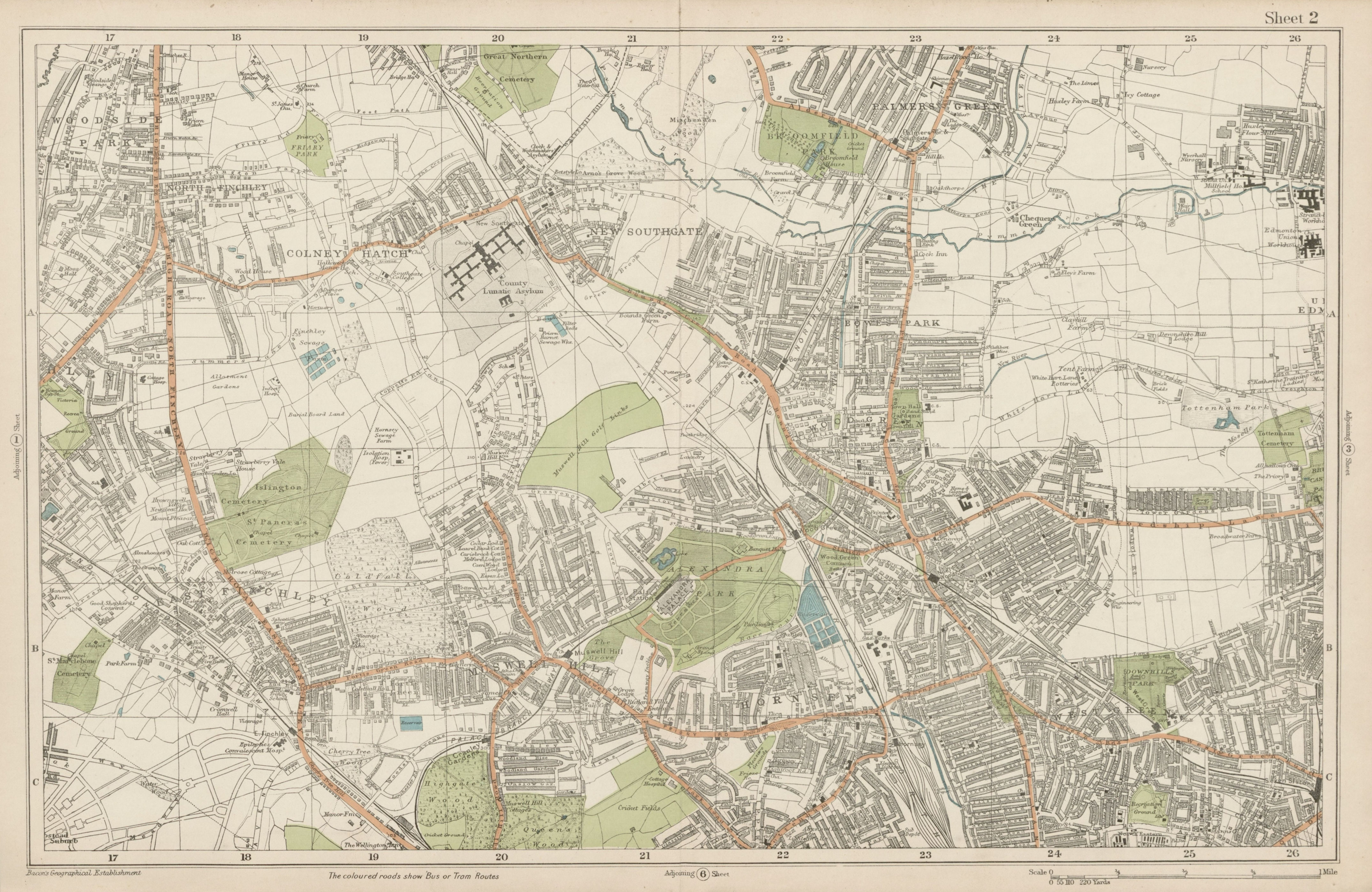 Associate Product FRIERN BARNET/HORNSEY Palmers/Wood Green Southgate Muswell Hill. BACON  1919 map