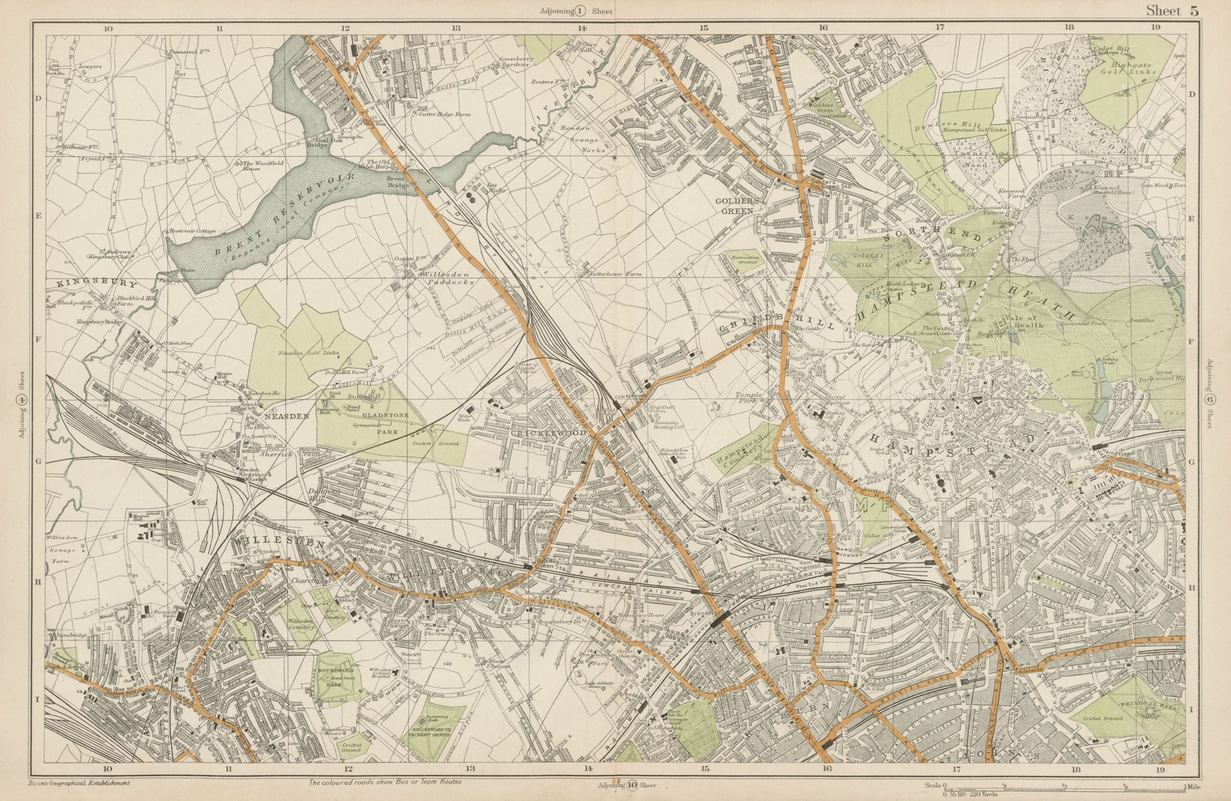 HAMPSTEAD WILLESDEN Cricklewood Golders Green Kilburn Belsize Pk BACON  1919 map