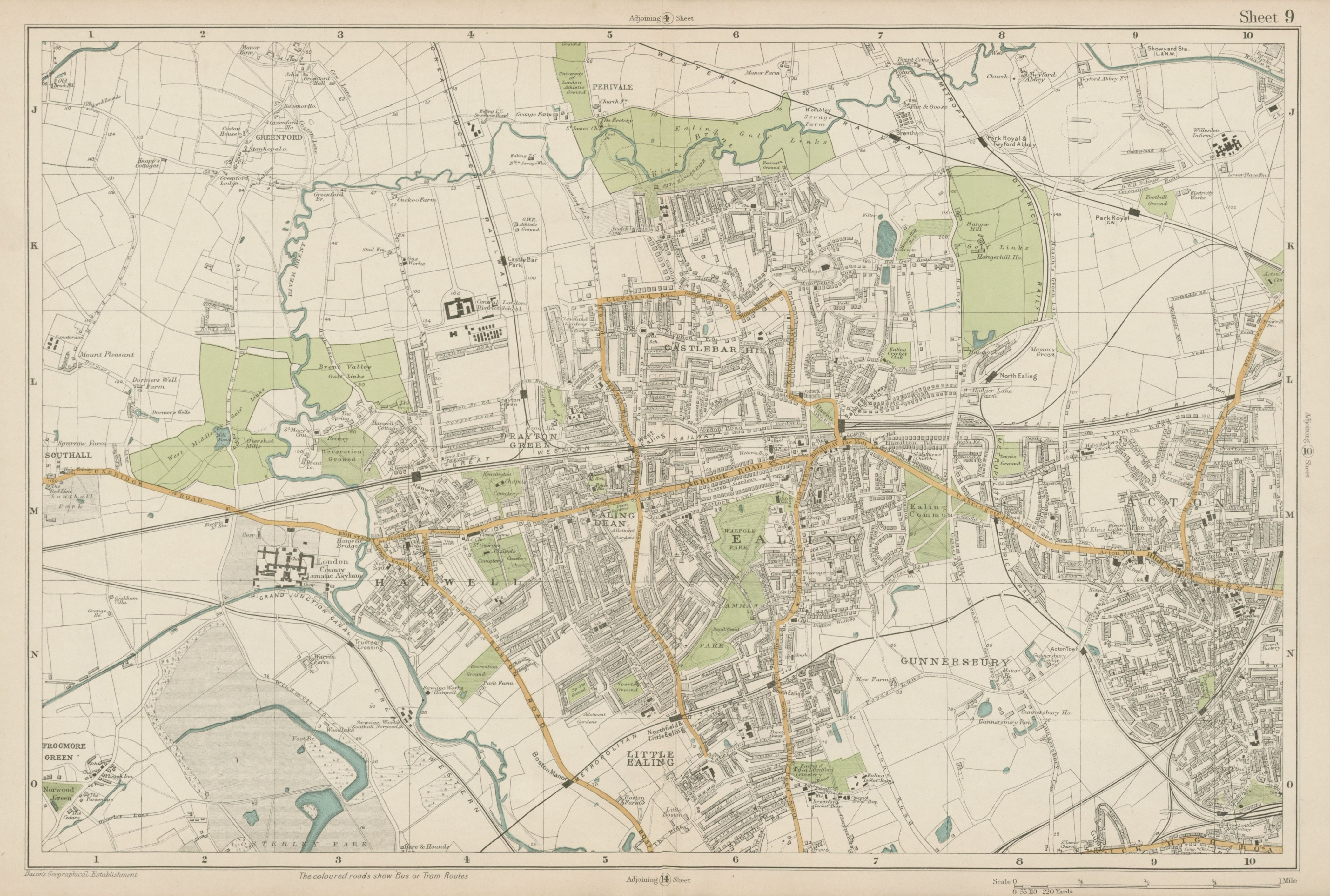 EALING/ACTON Greenford Hanwell Gunnersbury Perivale Hanger Lane. BACON  1919 map