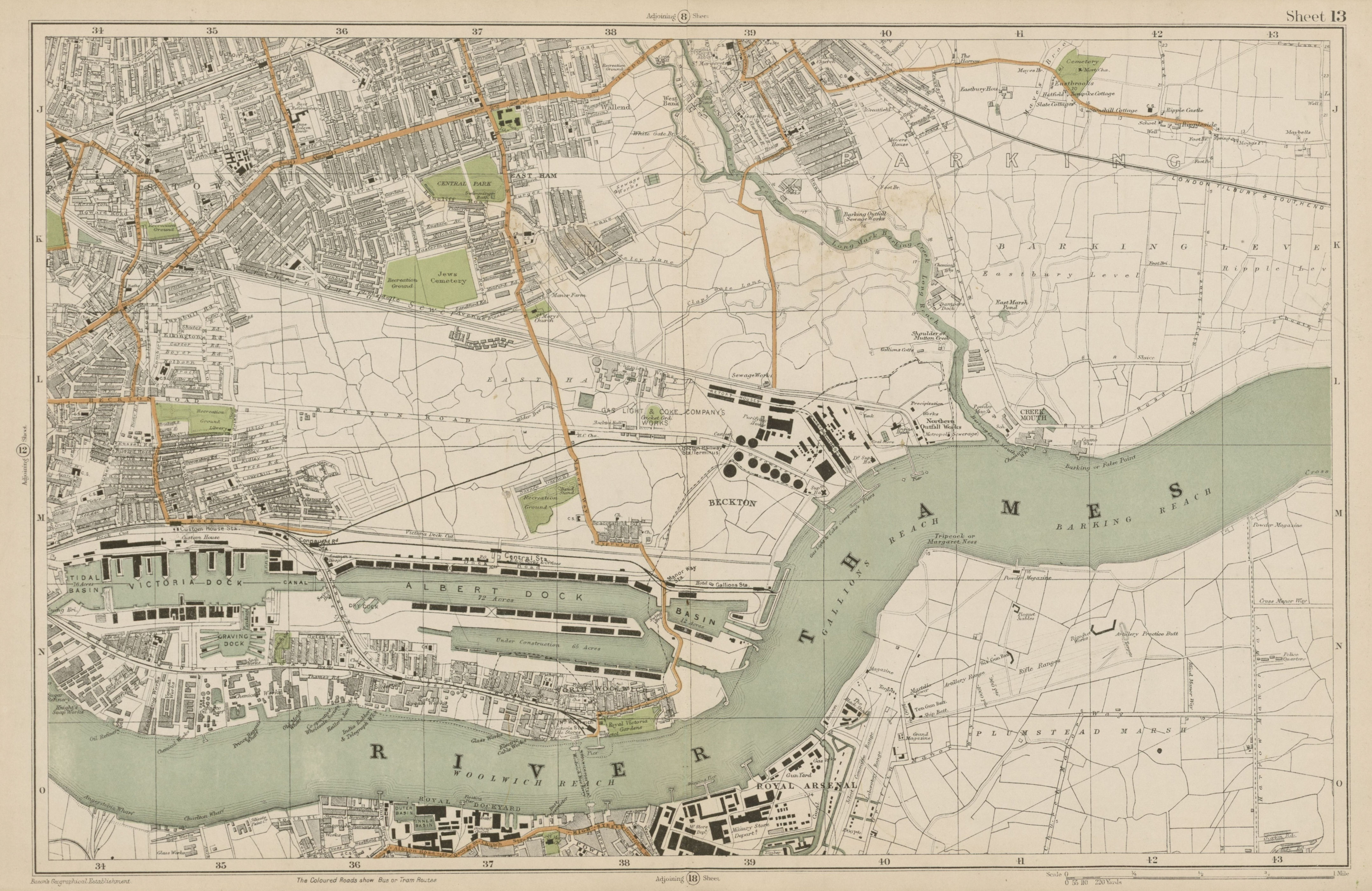WEST/EAST HAM & BARKING Plaistow Woolwich Thamesmead Beckton. BACON  1919 map