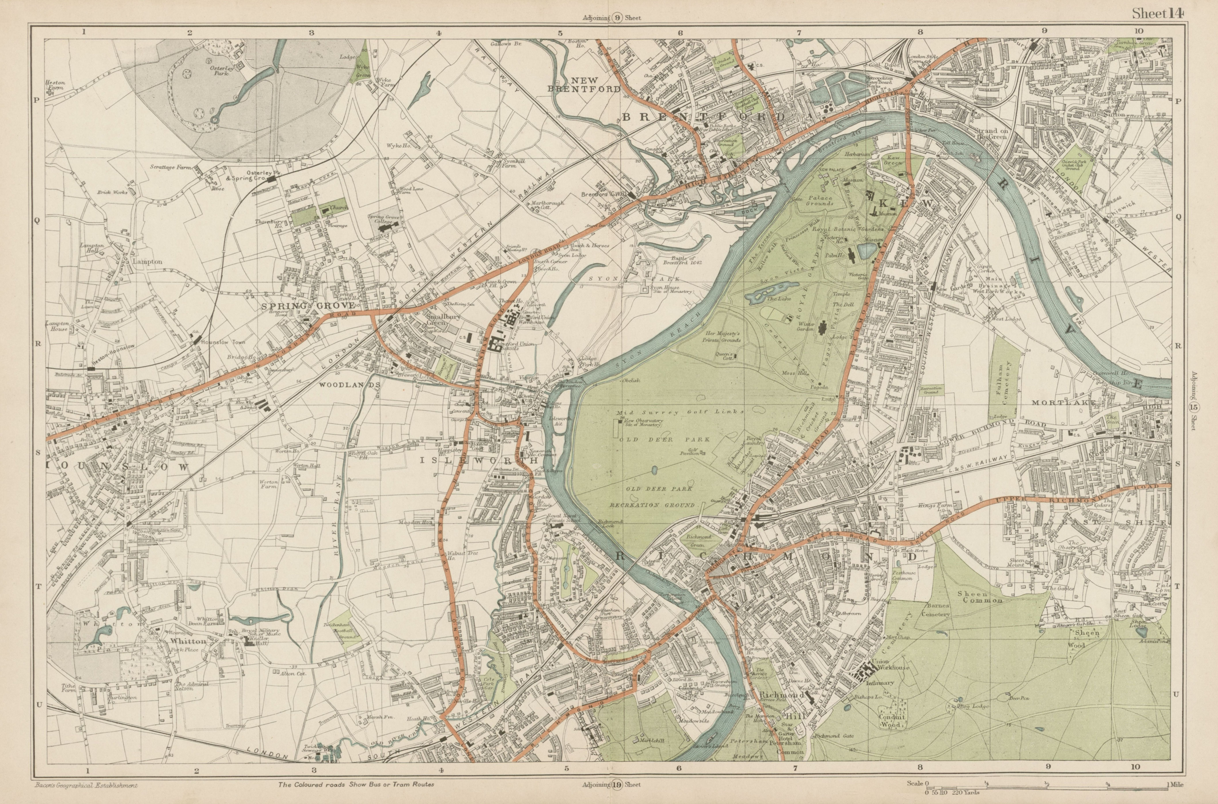 RICHMOND/HOUNSLOW Kew Isleworth Brentford Spring Grove Mortlake. BACON  1919 map