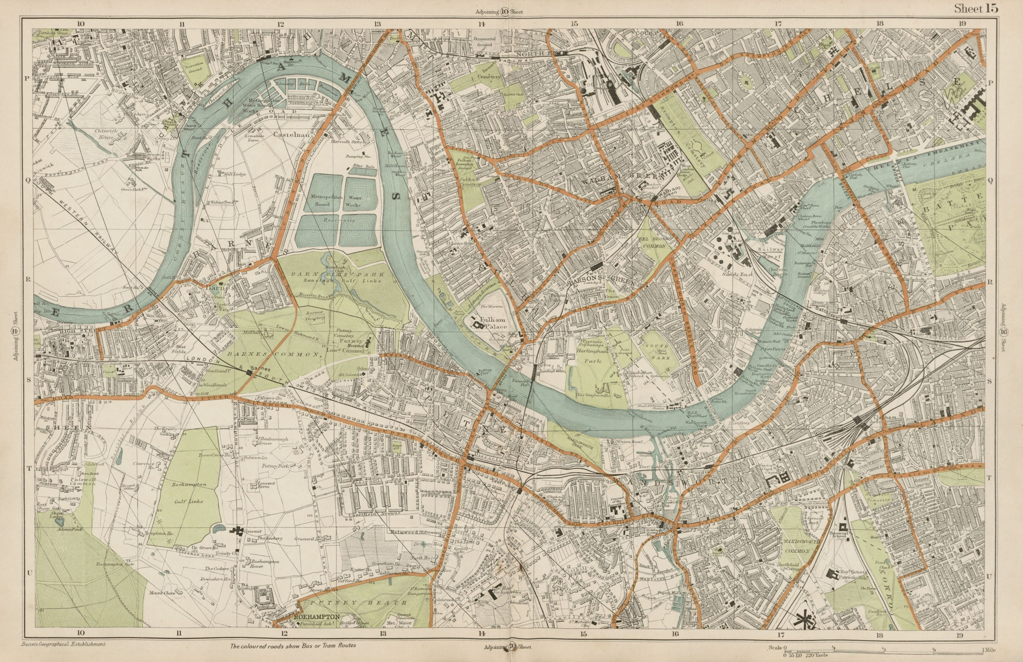 LONDON Chiswick Barnes Fulham Chelsea Putney Wandsworth Clapham. BACON  1919 map