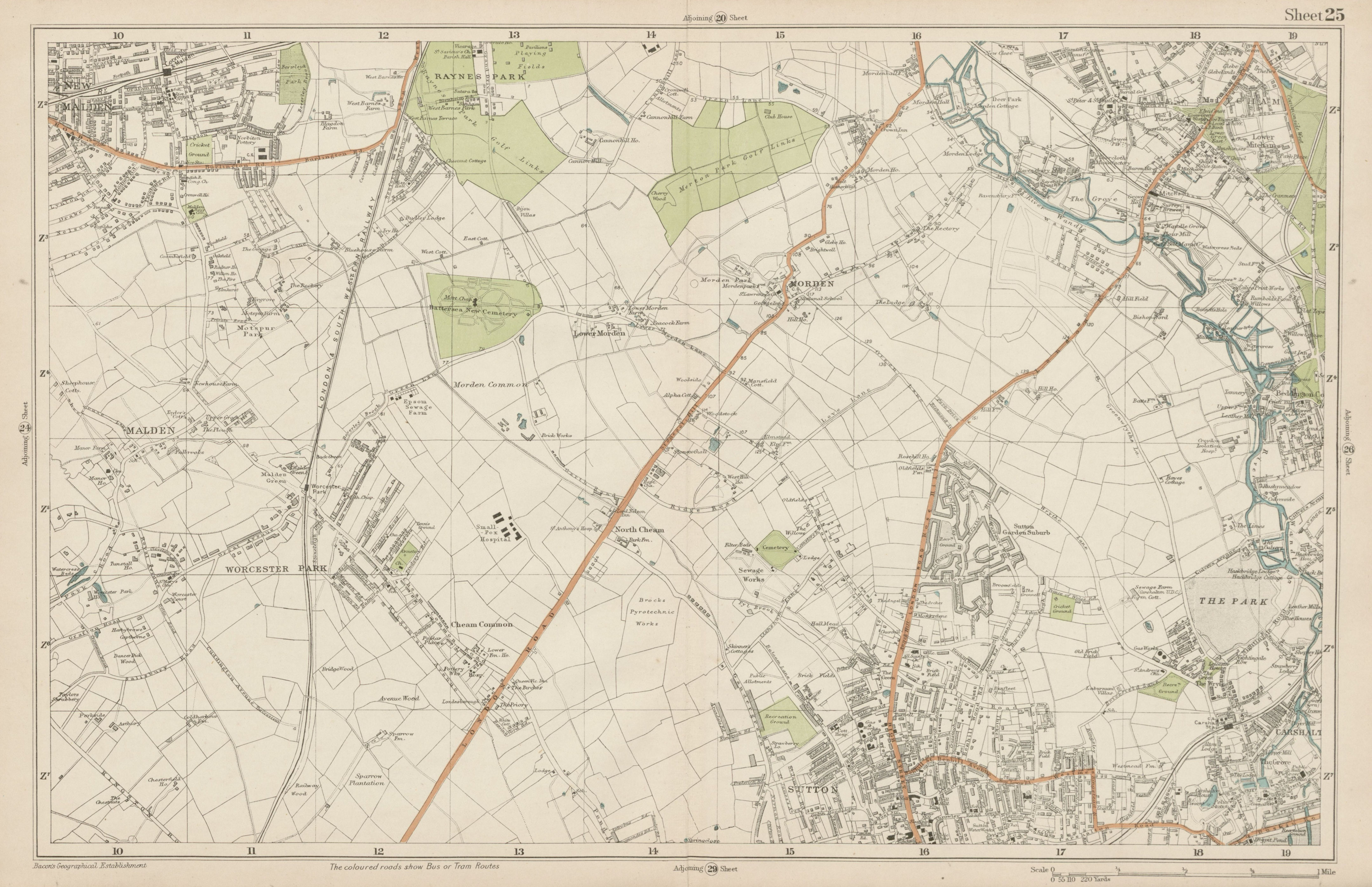 Associate Product SUTTON Carshalton Morden New Malden Worcester Pk Mitcham Cheam. BACON  1919 map
