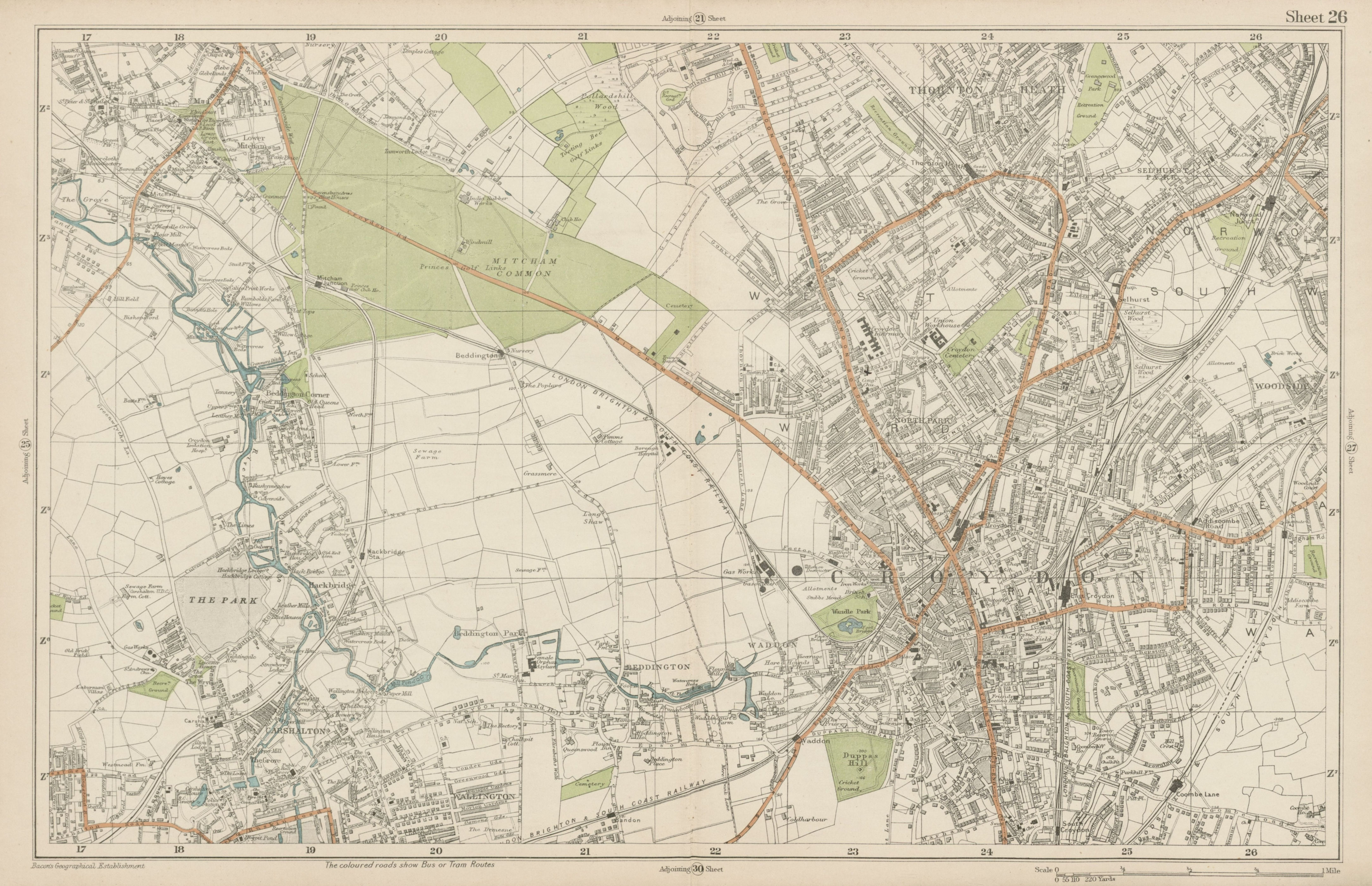 Associate Product CROYDON Mitcham Carshalton Wallington Thornton Heath Beddington. BACON  1919 map