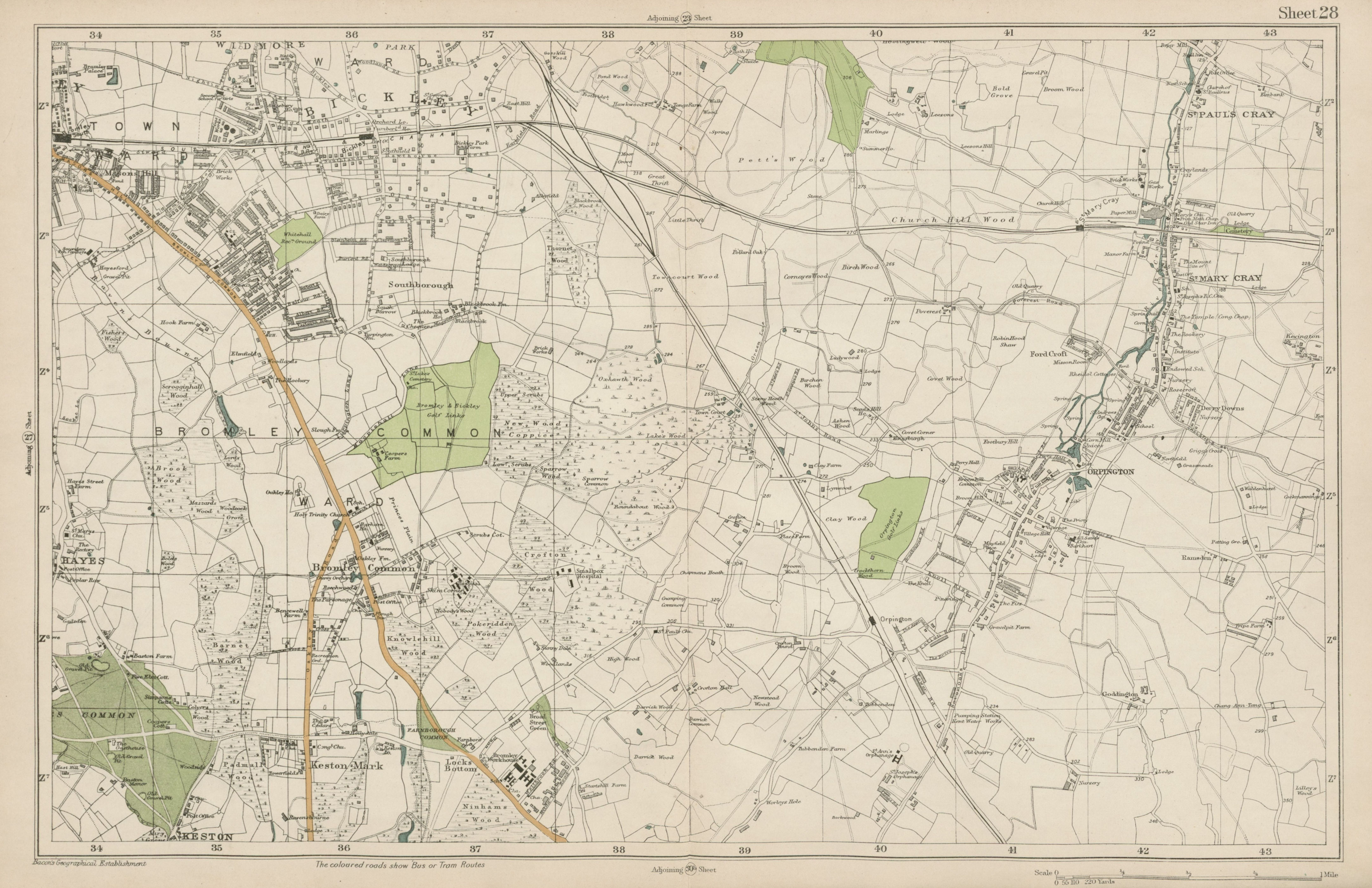 BROMLEY & ORPINGTON Hayes Petts Wood Keston St Paul's Mary Cray. BACON  1919 map
