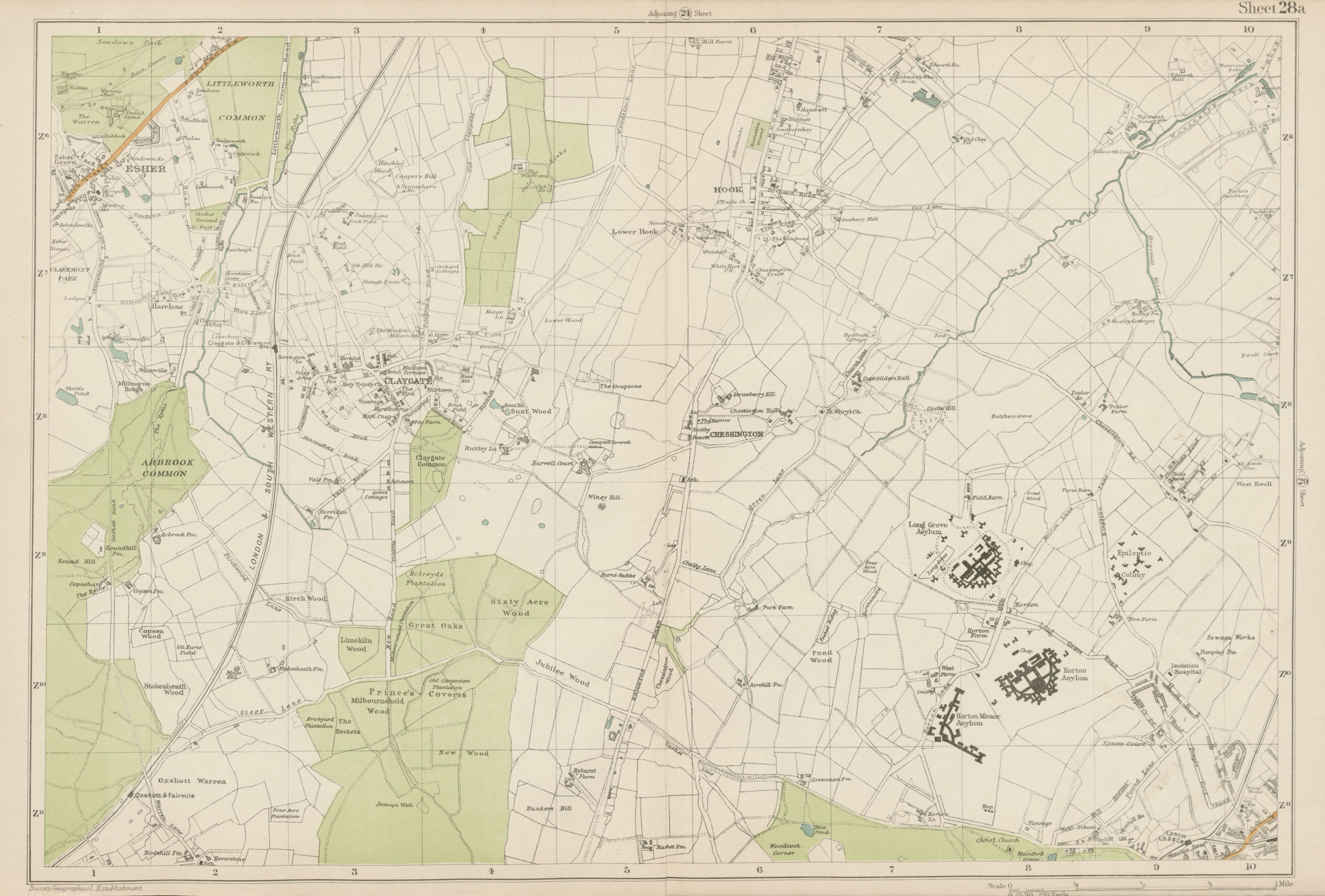 ESHER/EWELL Epsom Claygate Oxshott Hook Chessington Hinchley Wood.BACON 1919 map
