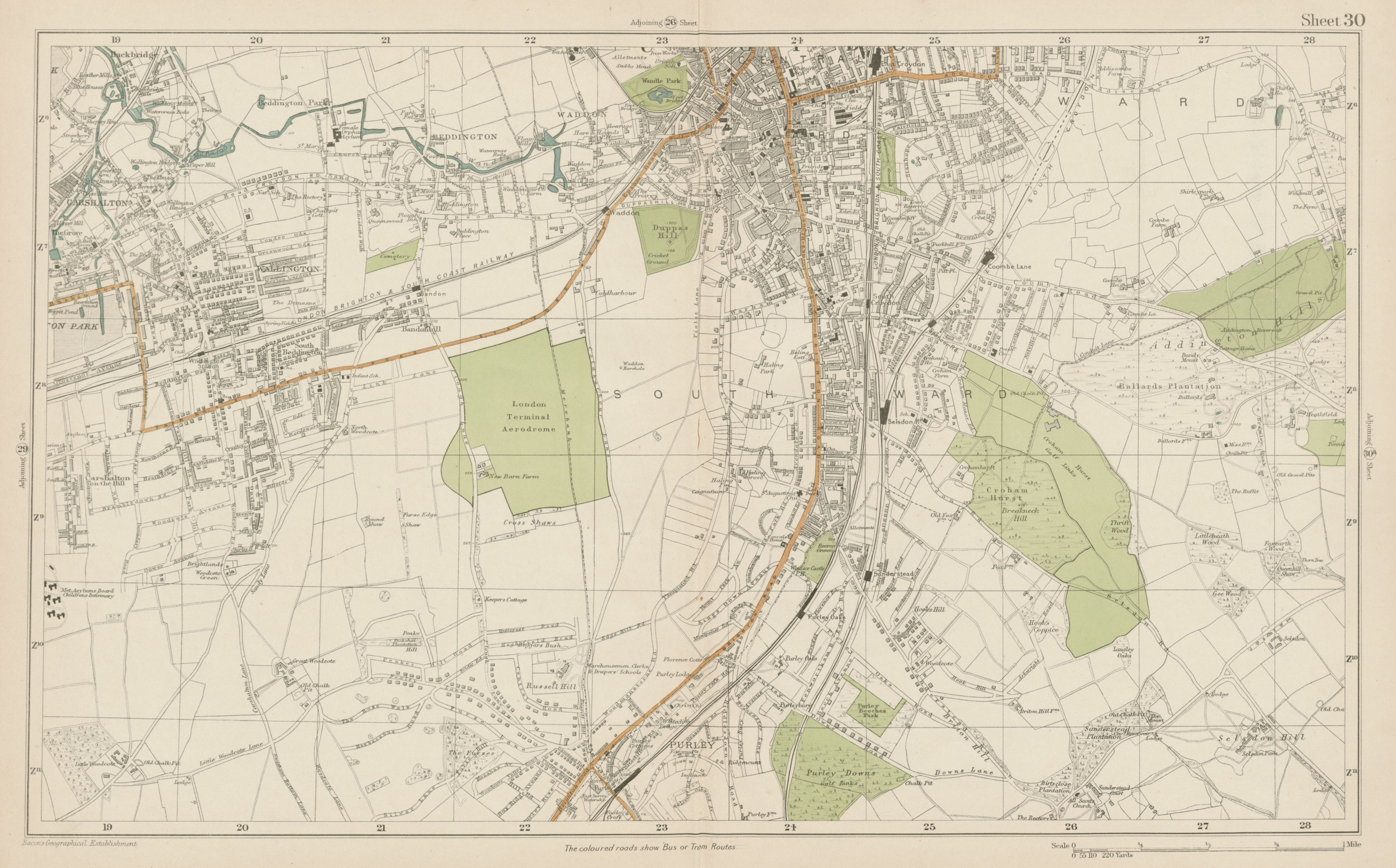 Associate Product SOUTH CROYDON Carshalton Wallington Waddon Beddington Purley. BACON  1919 map