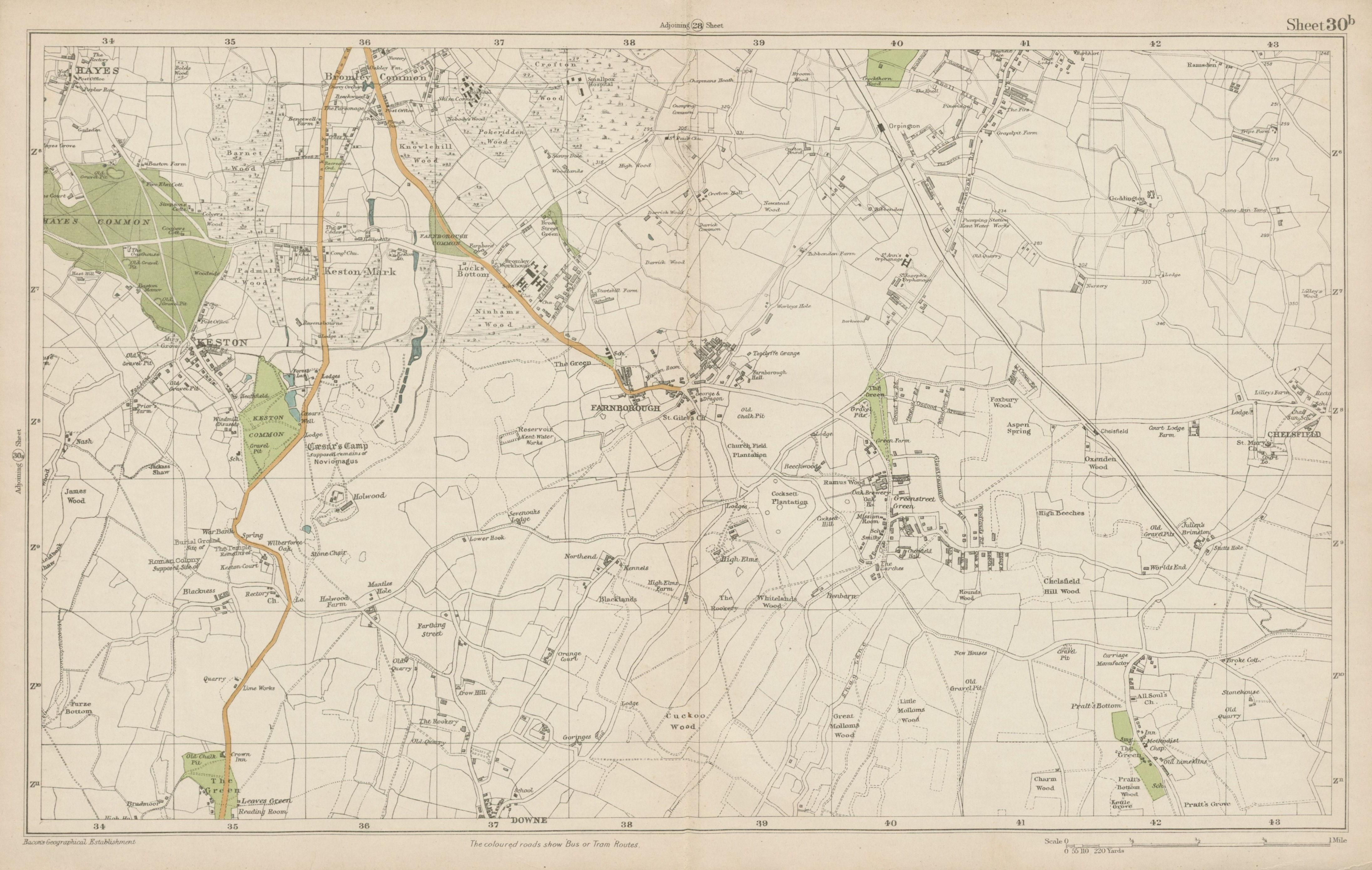 ORPINGTON Farnborough Keston Mark Pratt's Bottom Chelsfield. BACON 1919 map