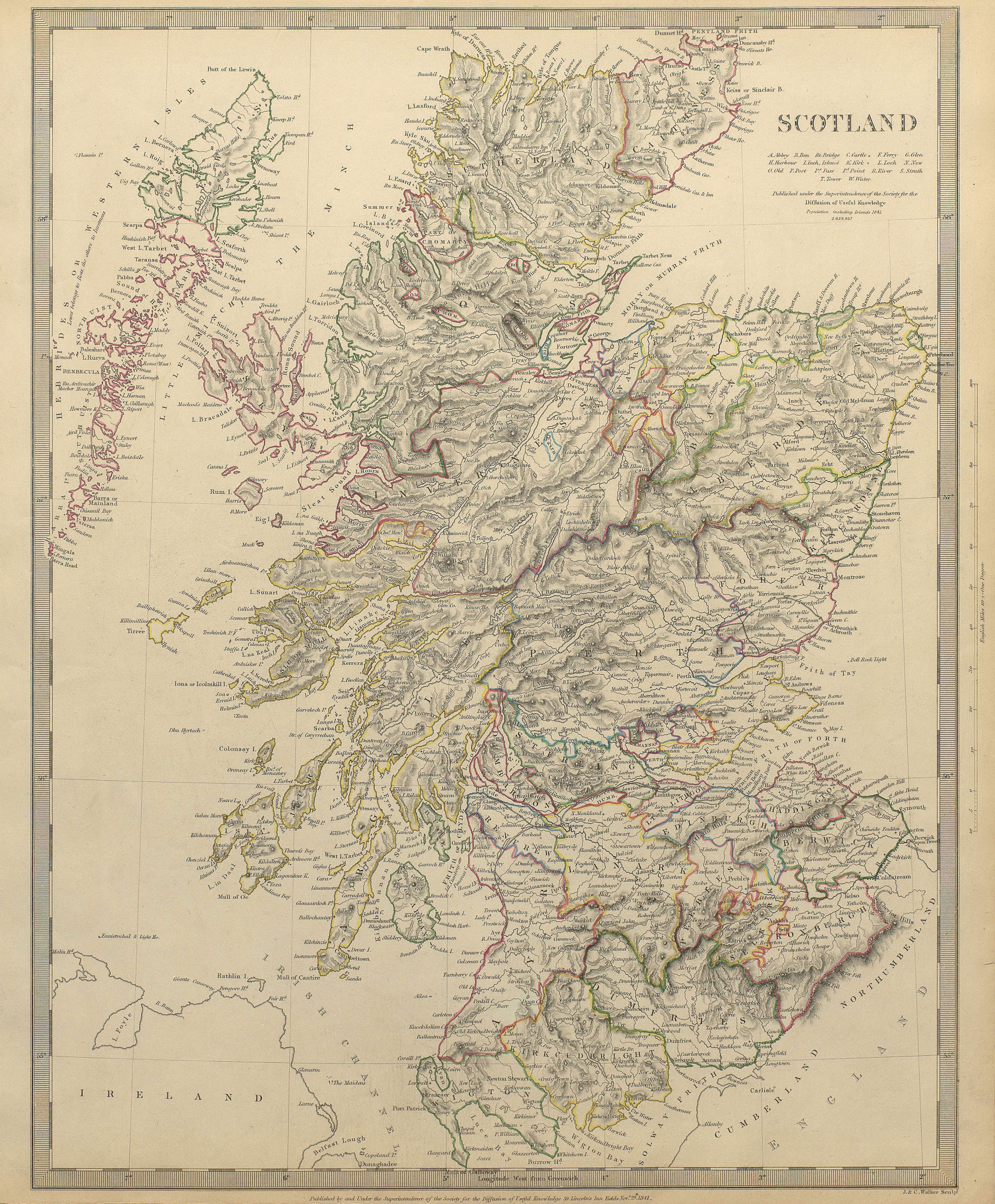 Associate Product SCOTLAND general map showing castles & kirks. Railways. SDUK 1844 old
