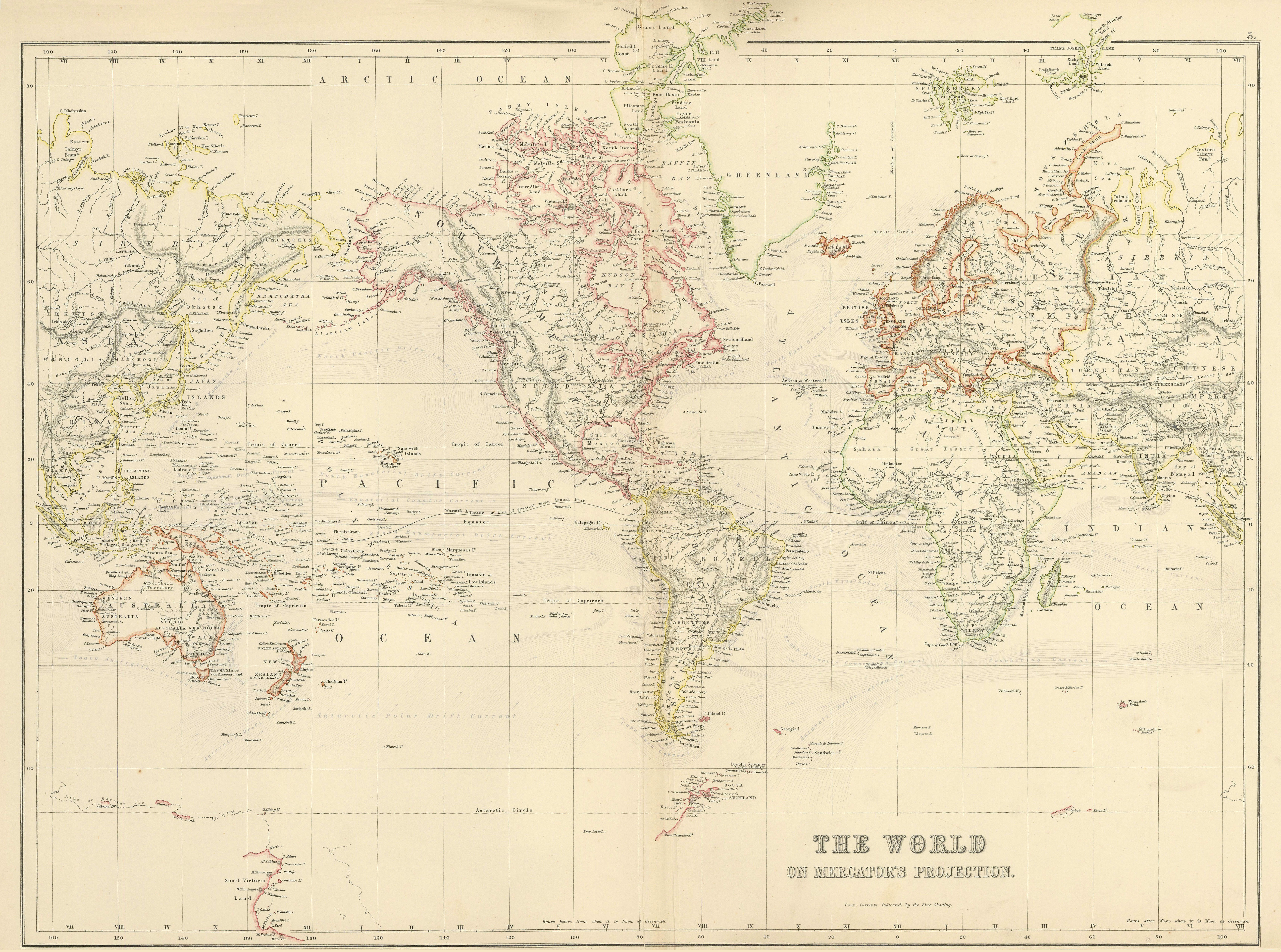 Associate Product World on Mercator's Projection. Centred on Americas. BARTHOLOMEW 1898 old map