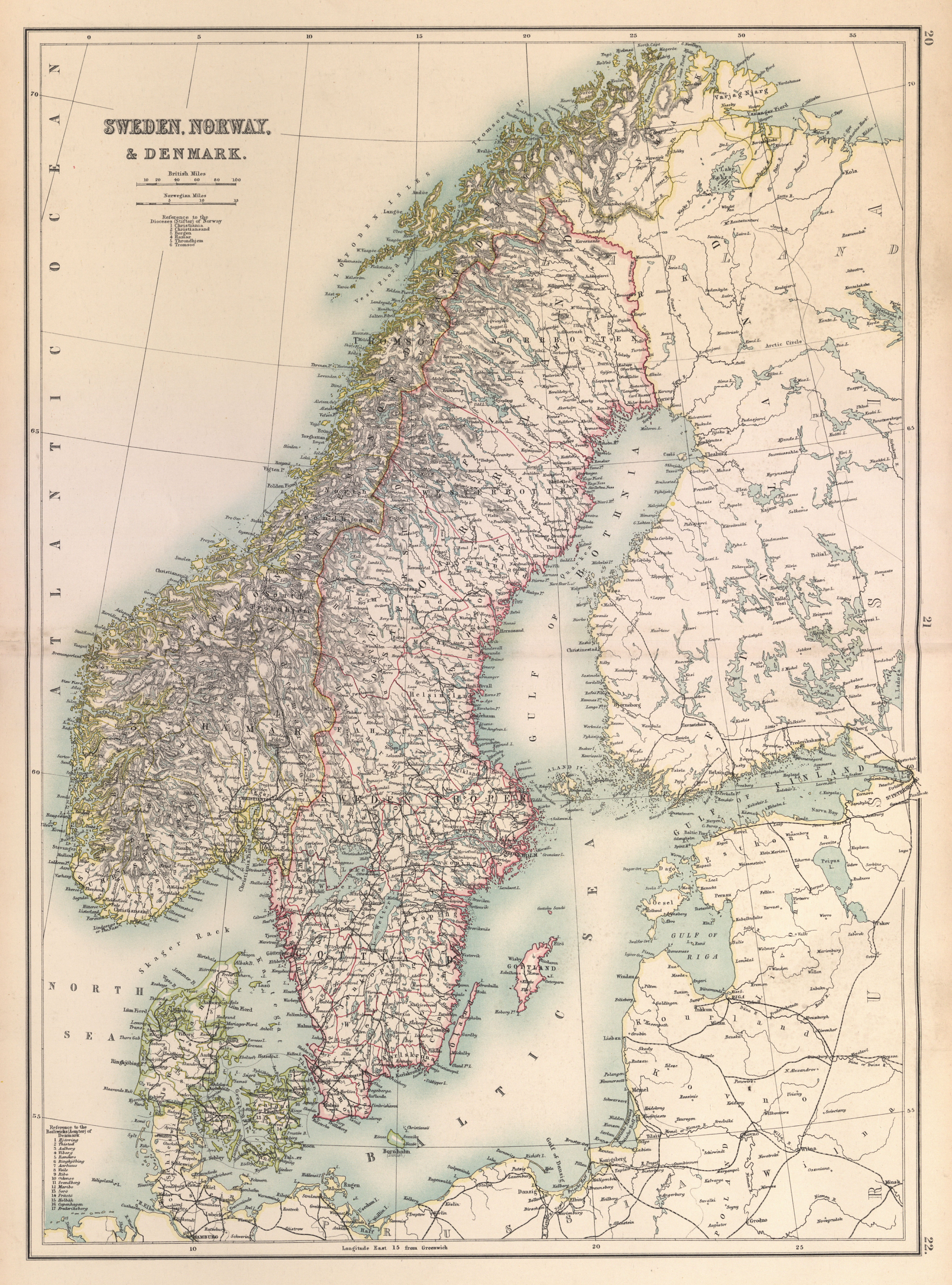 Sweden, Norway and Denmark. Scandinavia. BARTHOLOMEW 1898 old antique map