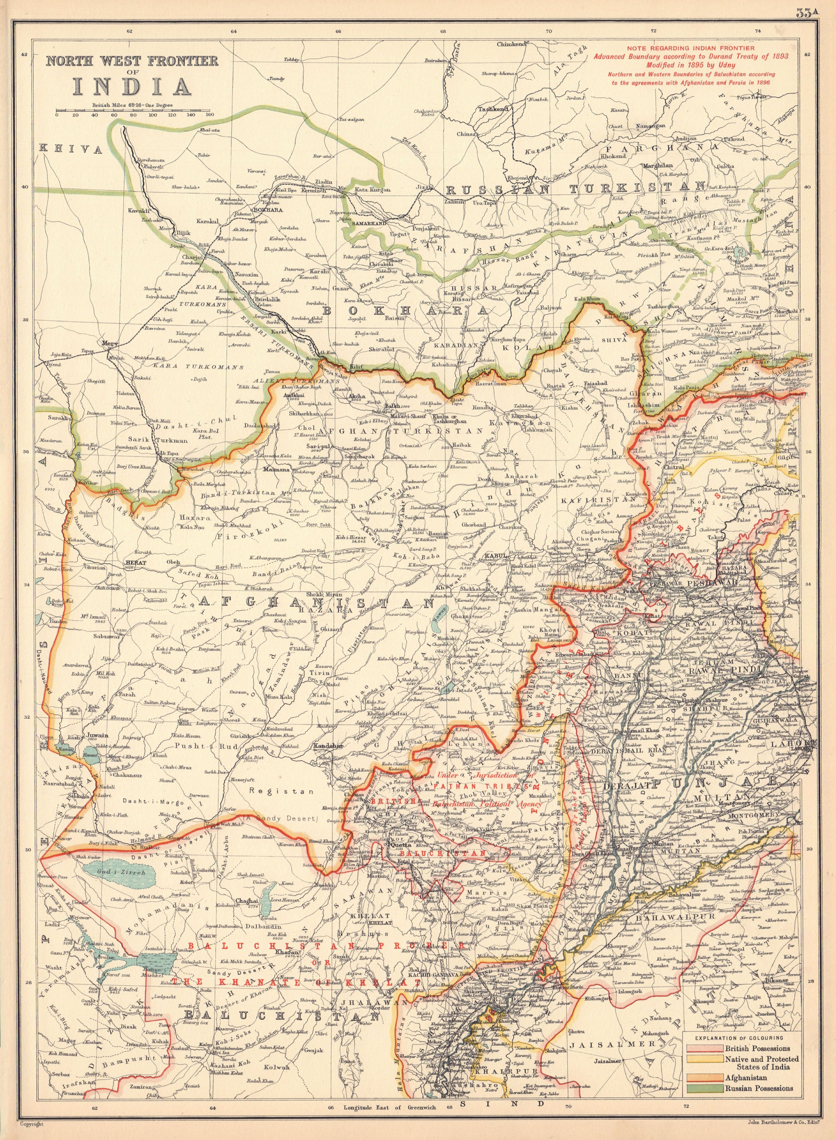 Bhutan Antique Map 1894 by Bartholomew Assam Sikkim INDIA Bengal 
