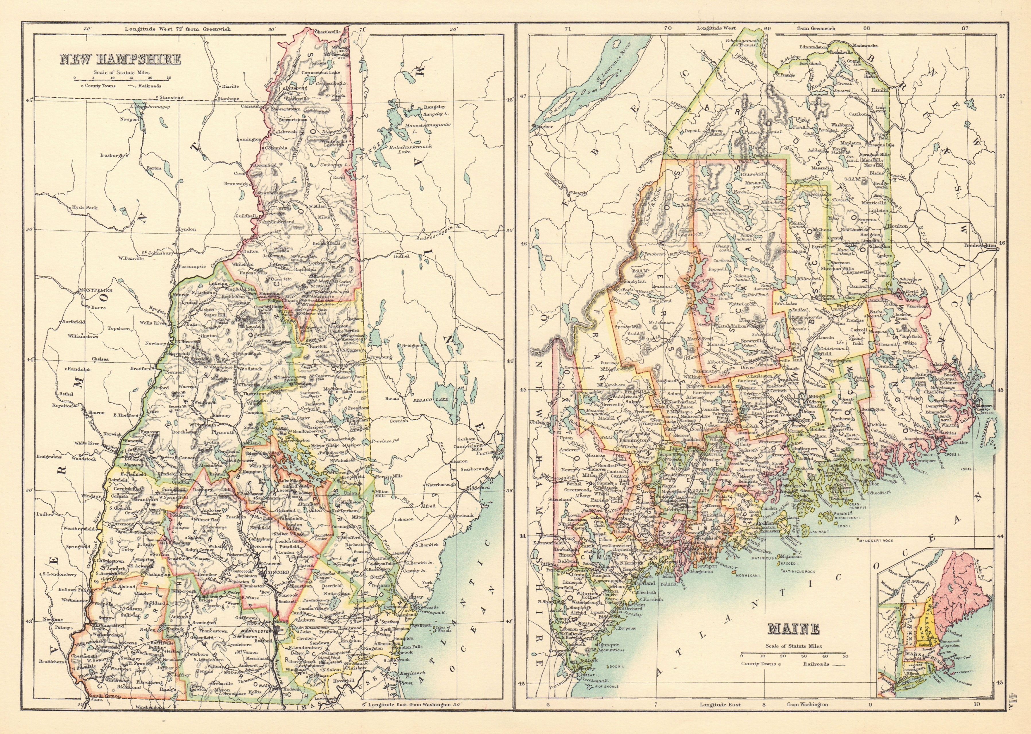 Associate Product Maine and New Hampshire state maps showing counties. BARTHOLOMEW 1898 old