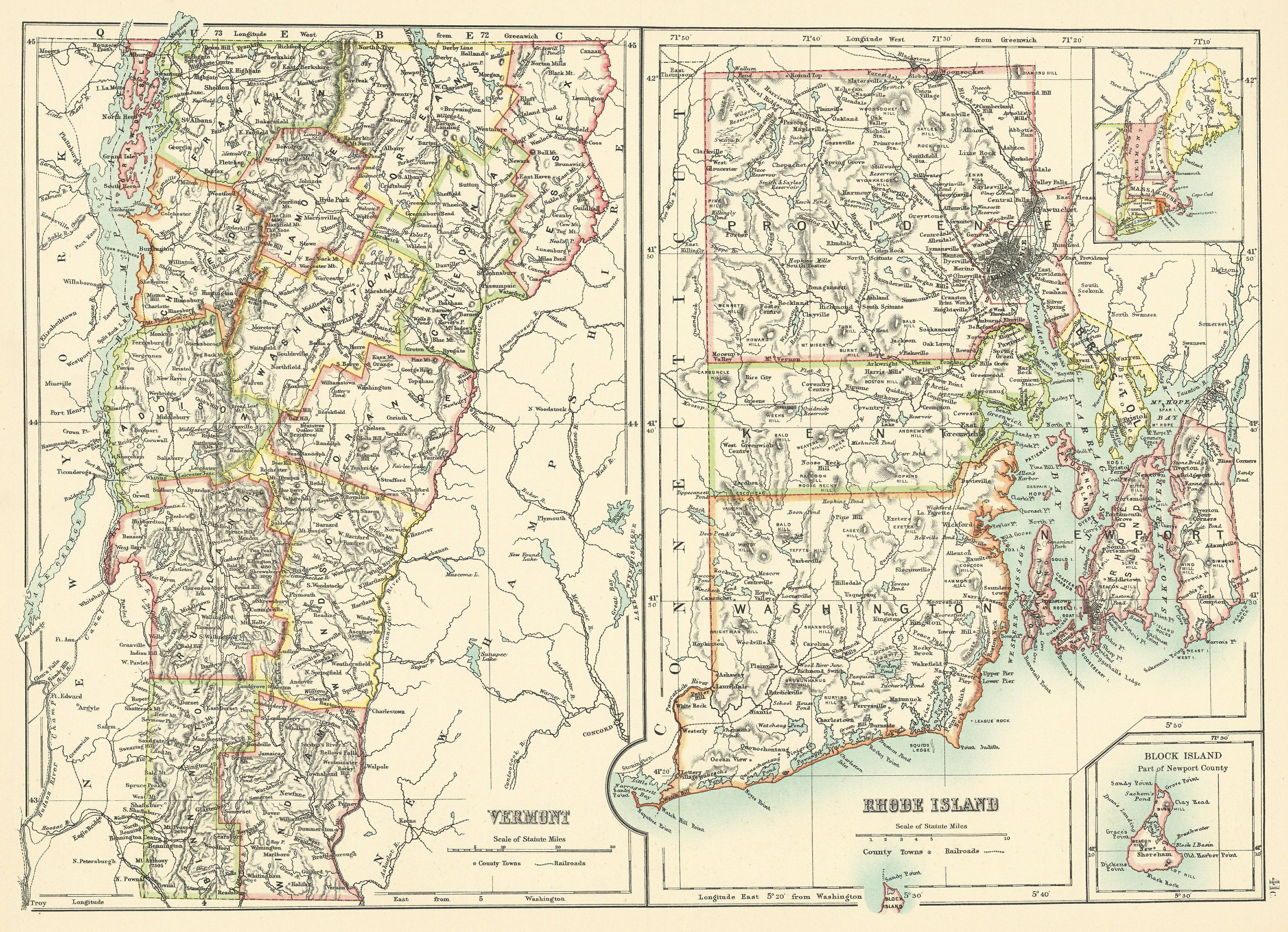 Associate Product Rhode Island and Vermont state maps showing counties. BARTHOLOMEW 1898 old