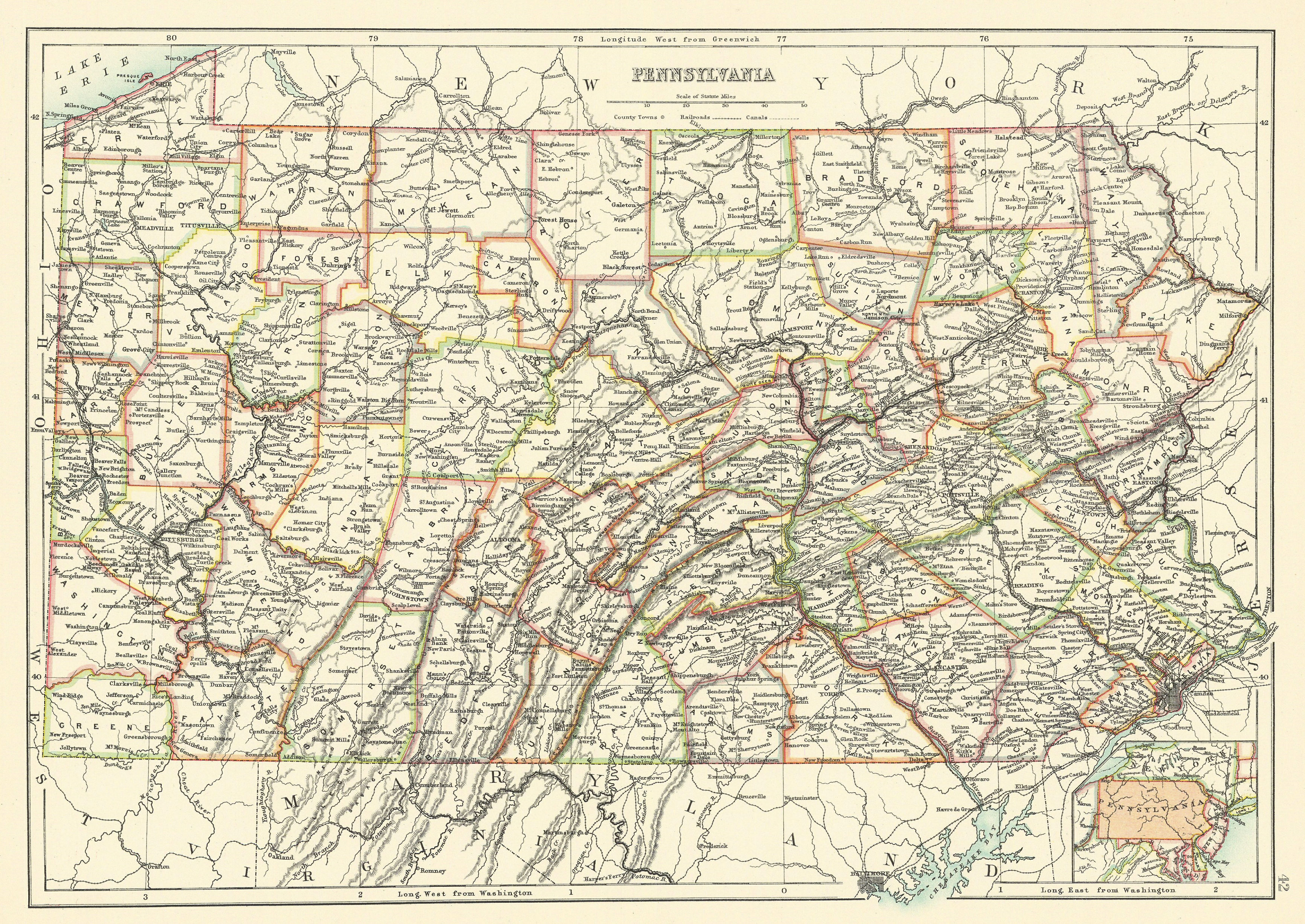 Pennsylvania state map showing counties. BARTHOLOMEW 1898 old antique