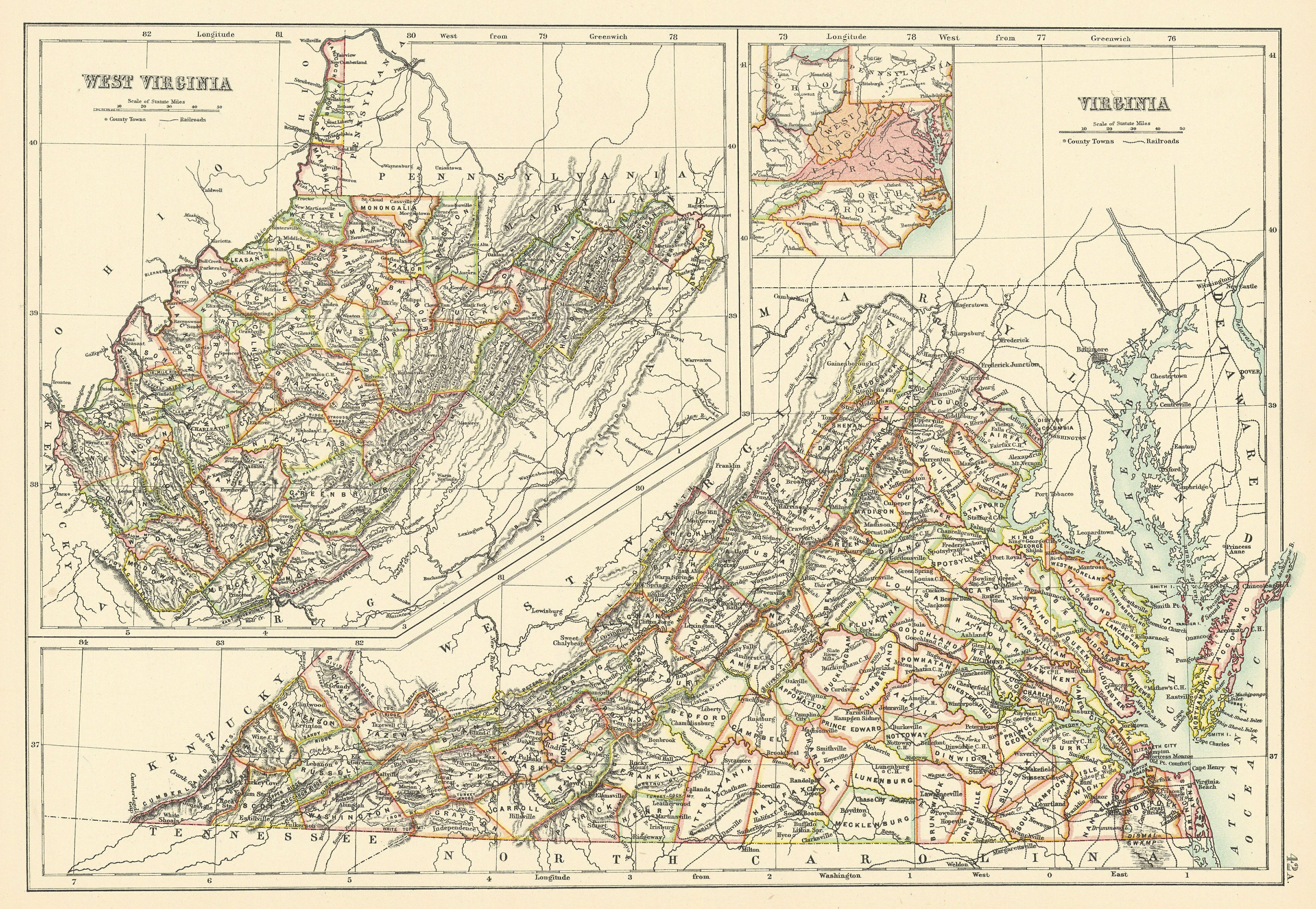Associate Product Virginia and West Virginia state maps showing counties. BARTHOLOMEW 1898