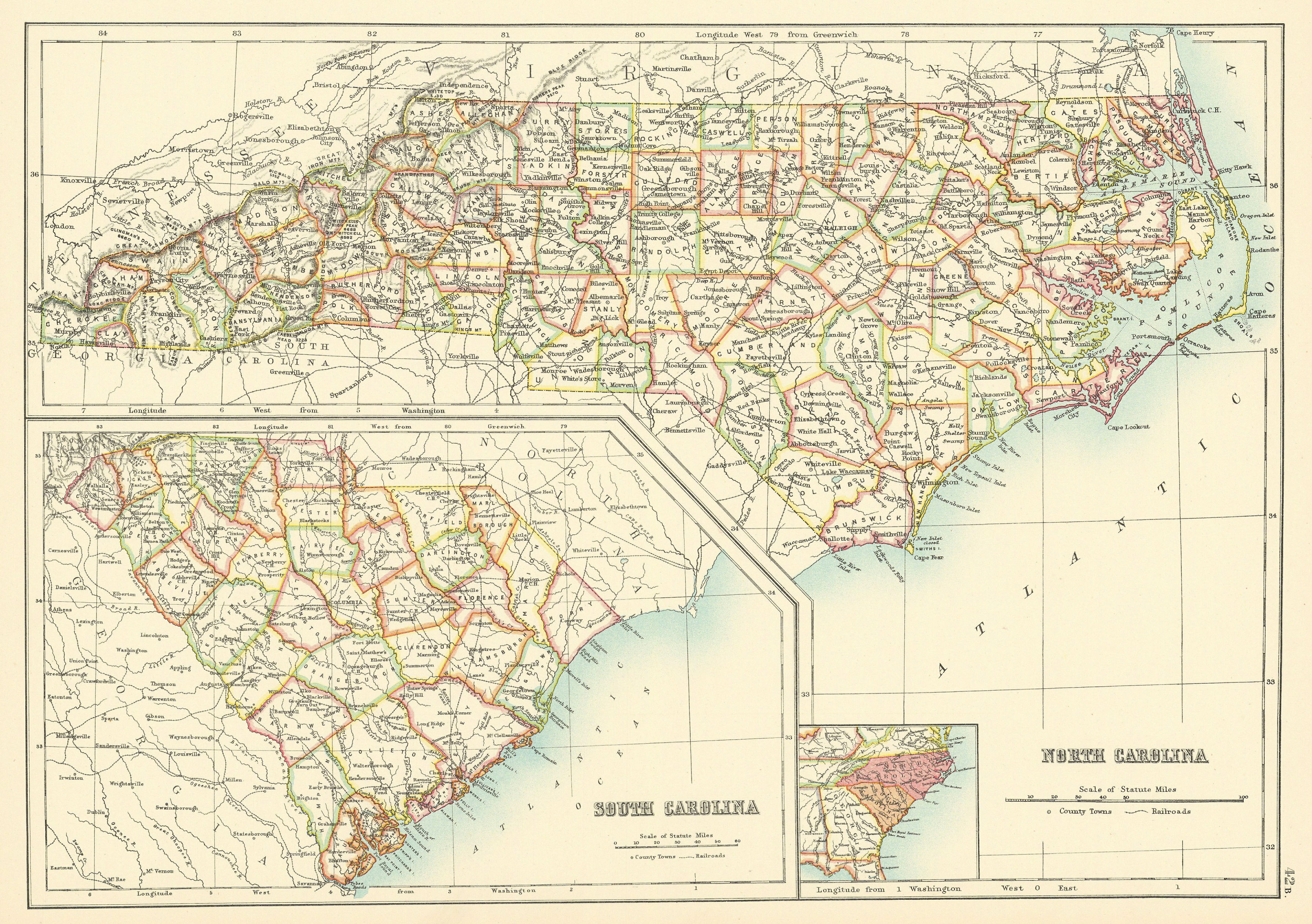 Associate Product North and South Carolina state maps showing counties. BARTHOLOMEW 1898 old
