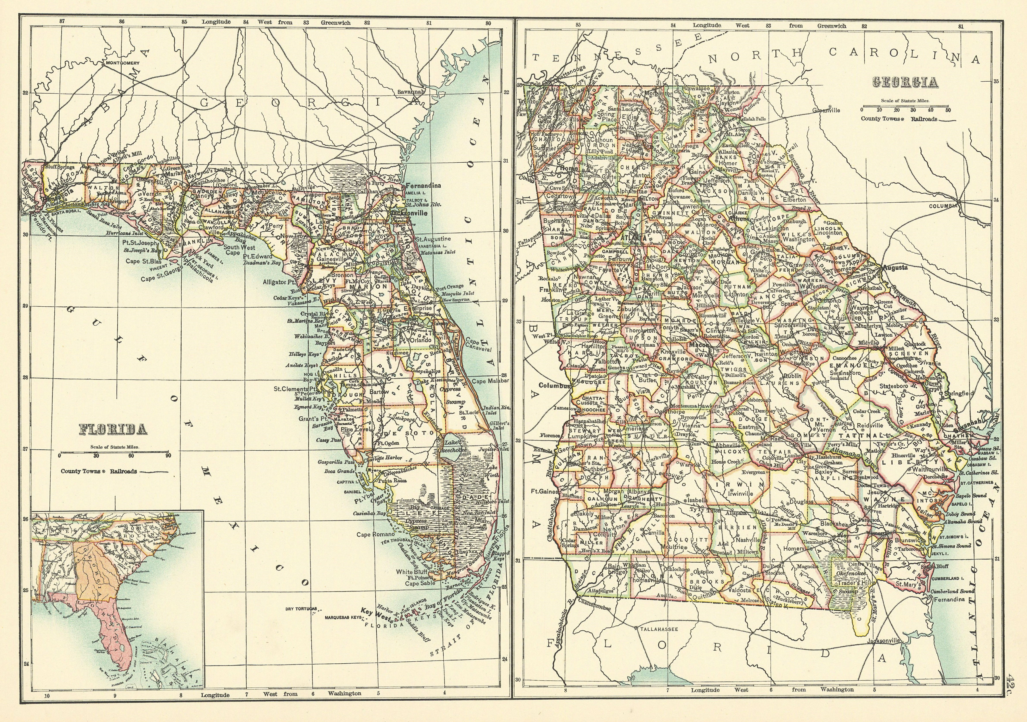 Georgia and Florida state maps showing counties. BARTHOLOMEW 1898 old