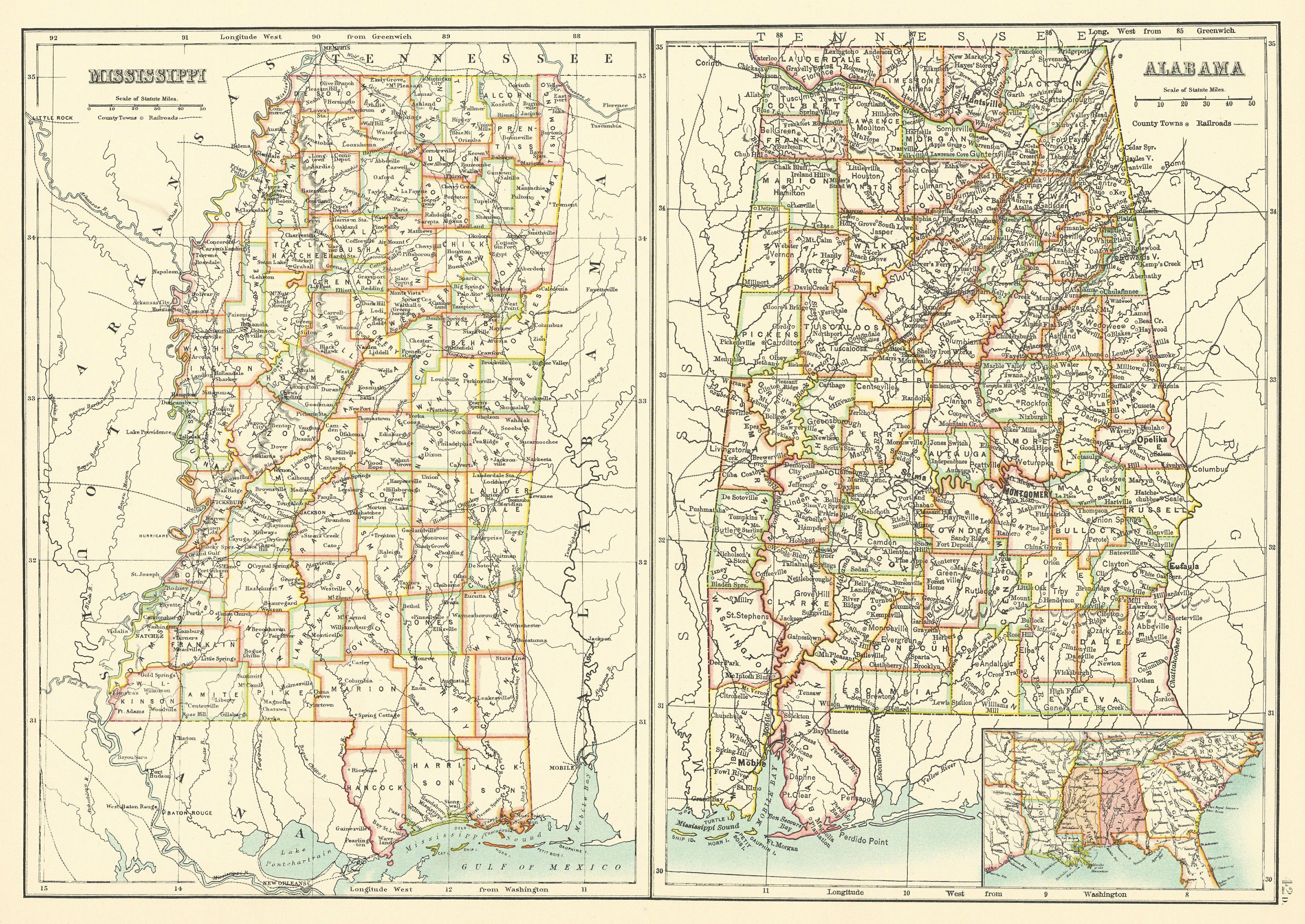 Associate Product Alabama and Mississippi state maps showing counties. BARTHOLOMEW 1898 old