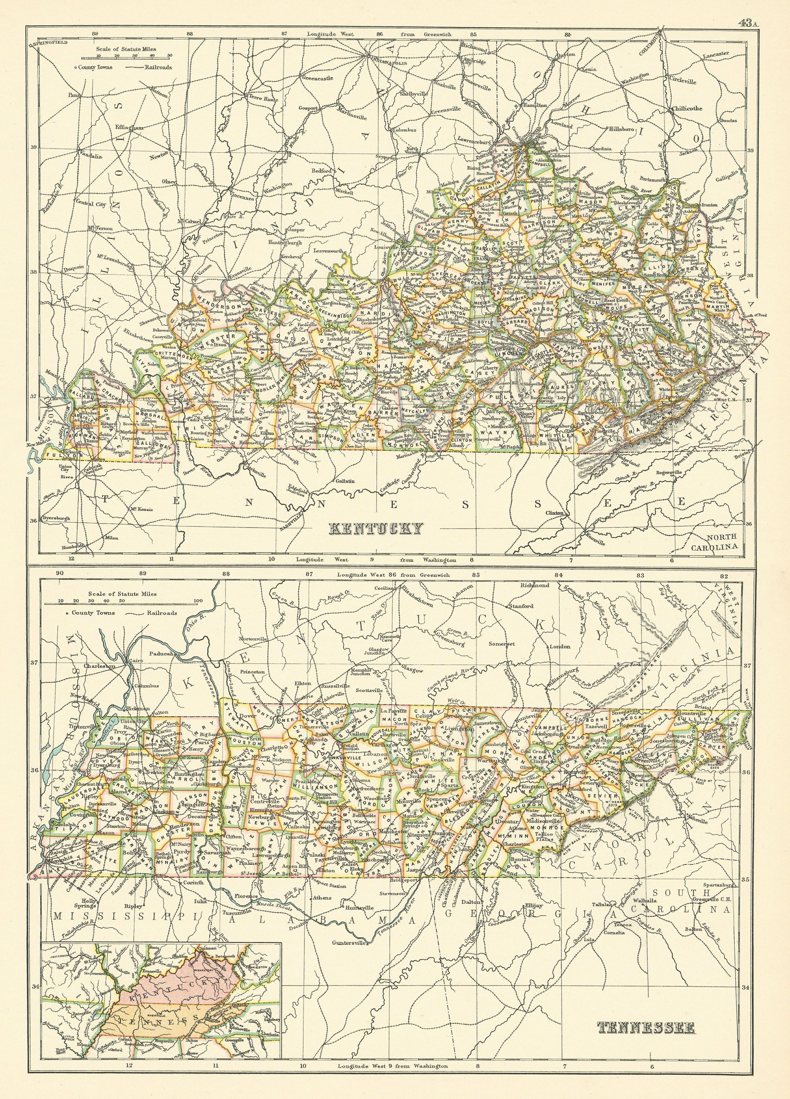 Associate Product Kentucky and Tennessee state maps showing counties. BARTHOLOMEW 1898 old