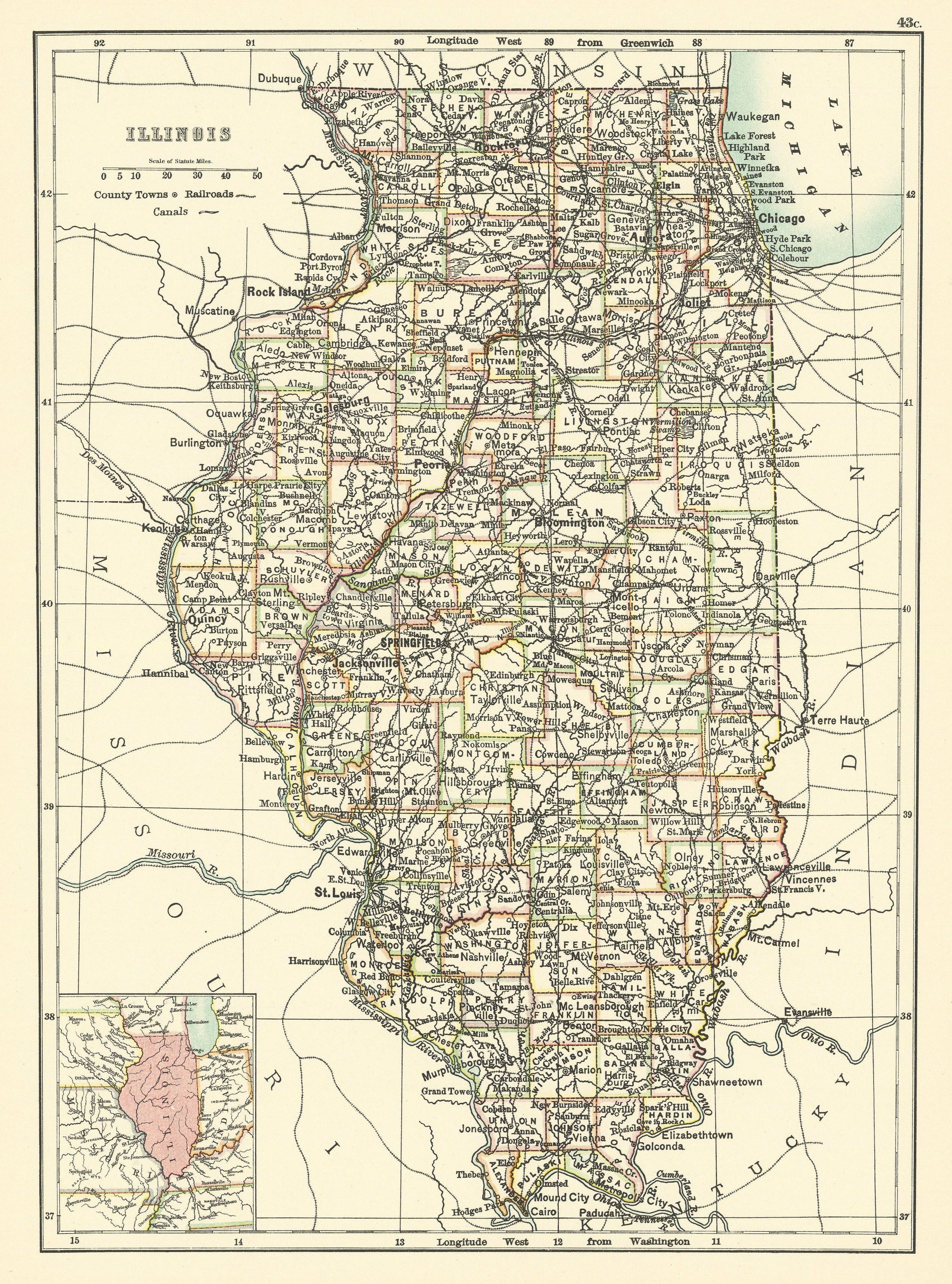 Associate Product Illinois state map showing counties. BARTHOLOMEW 1898 old antique chart