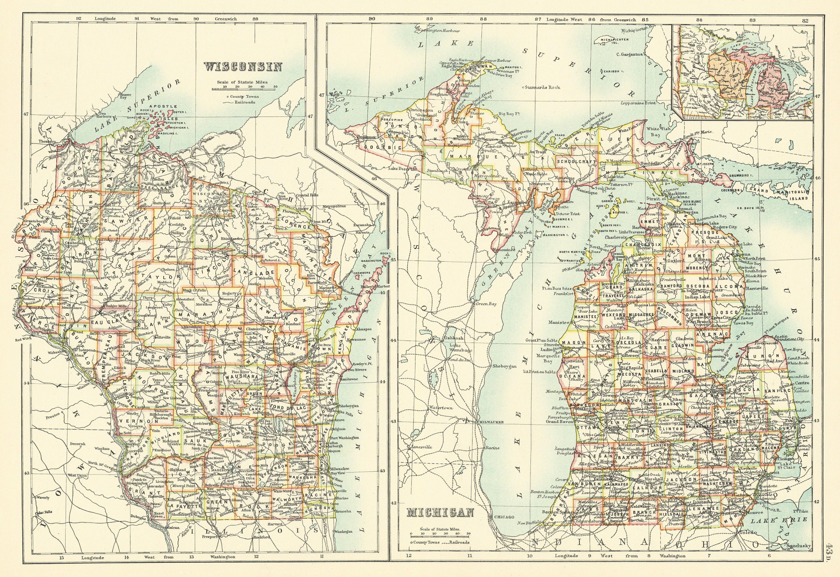 Michigan and Wisconsin state maps showing counties. BARTHOLOMEW 1898 old