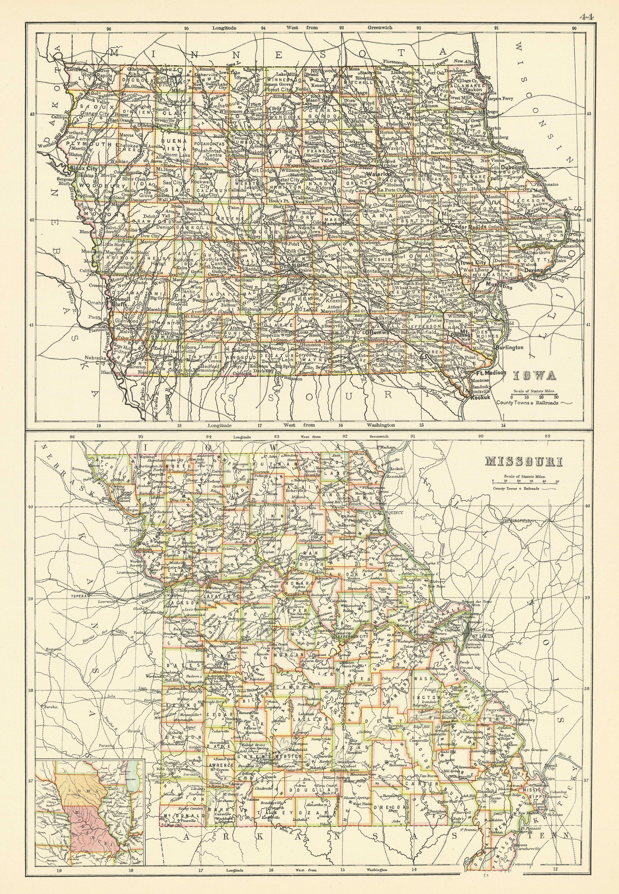 Associate Product Iowa and Missouri state maps showing counties. BARTHOLOMEW 1898 old