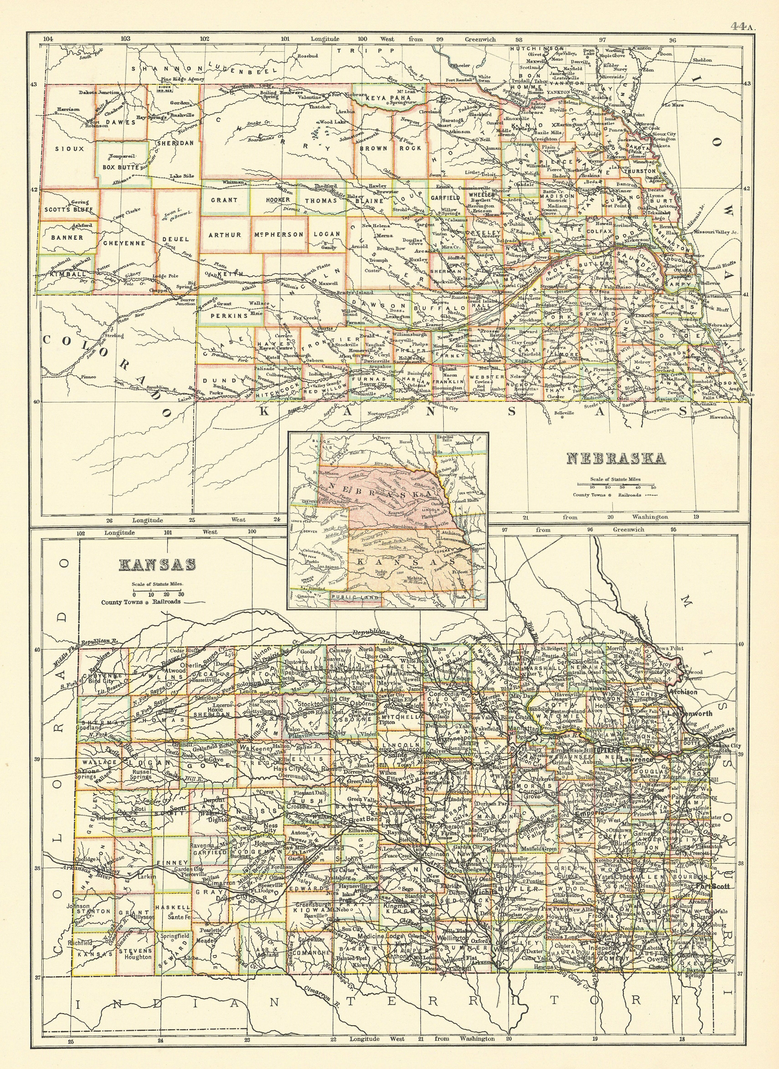 Associate Product Nebraska and Kansas state maps showing counties. BARTHOLOMEW 1898 old
