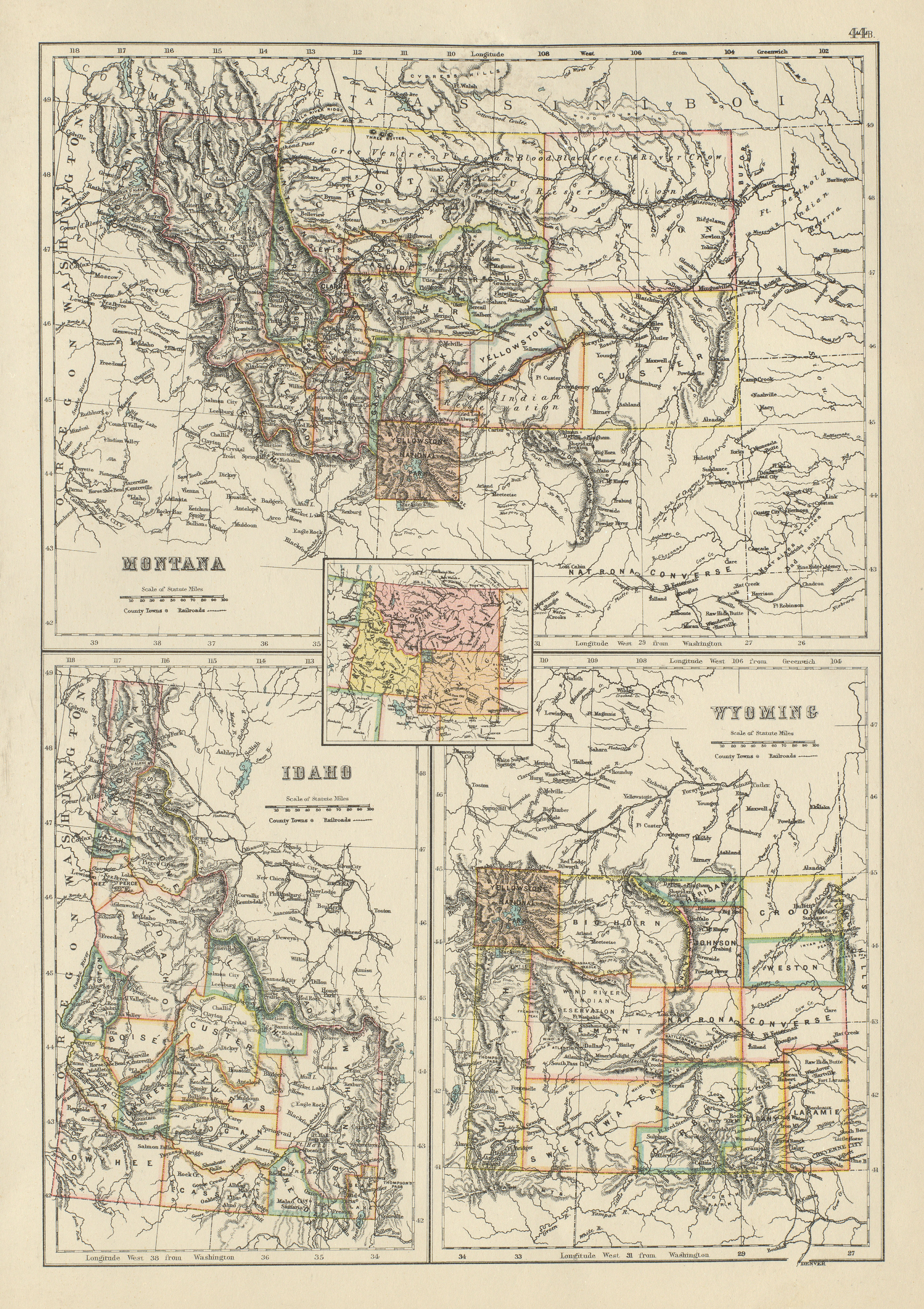 Associate Product Montana, Idaho, and Wyoming state maps showing counties. BARTHOLOMEW 1898