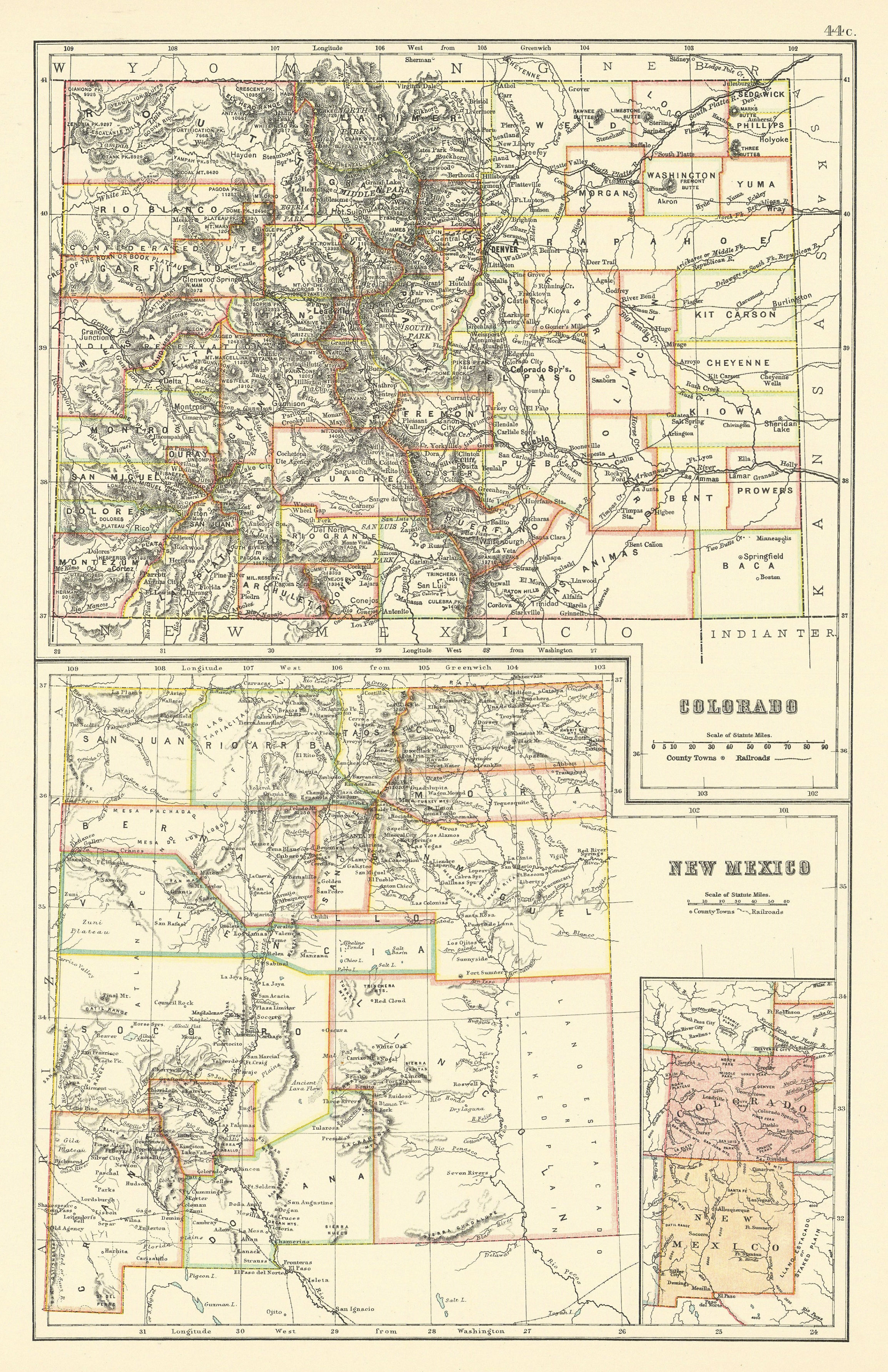 Associate Product Colorado and New Mexico state maps showing counties. BARTHOLOMEW 1898 old