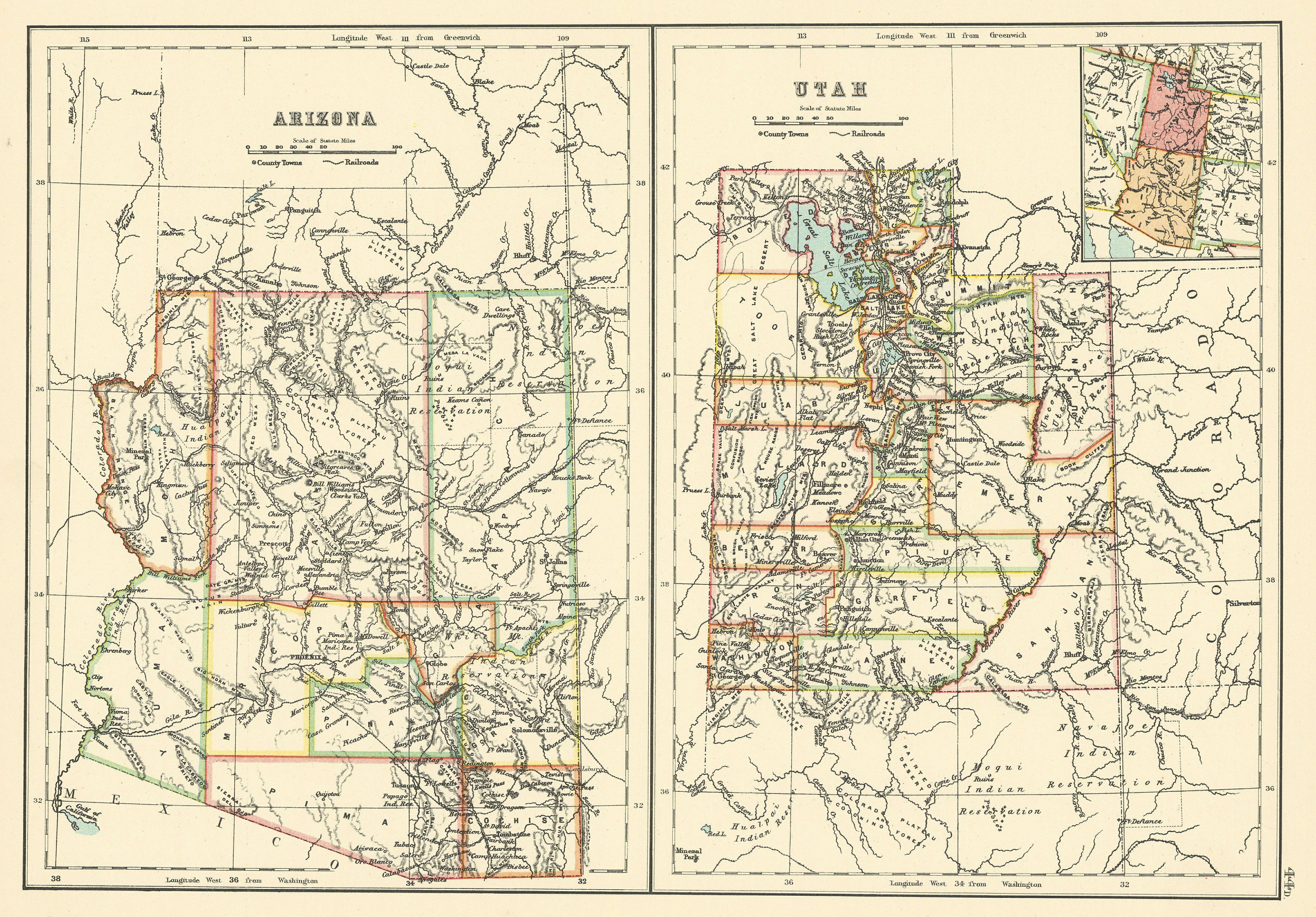 Associate Product Arizona and Utah state maps showing counties. BARTHOLOMEW 1898 old antique