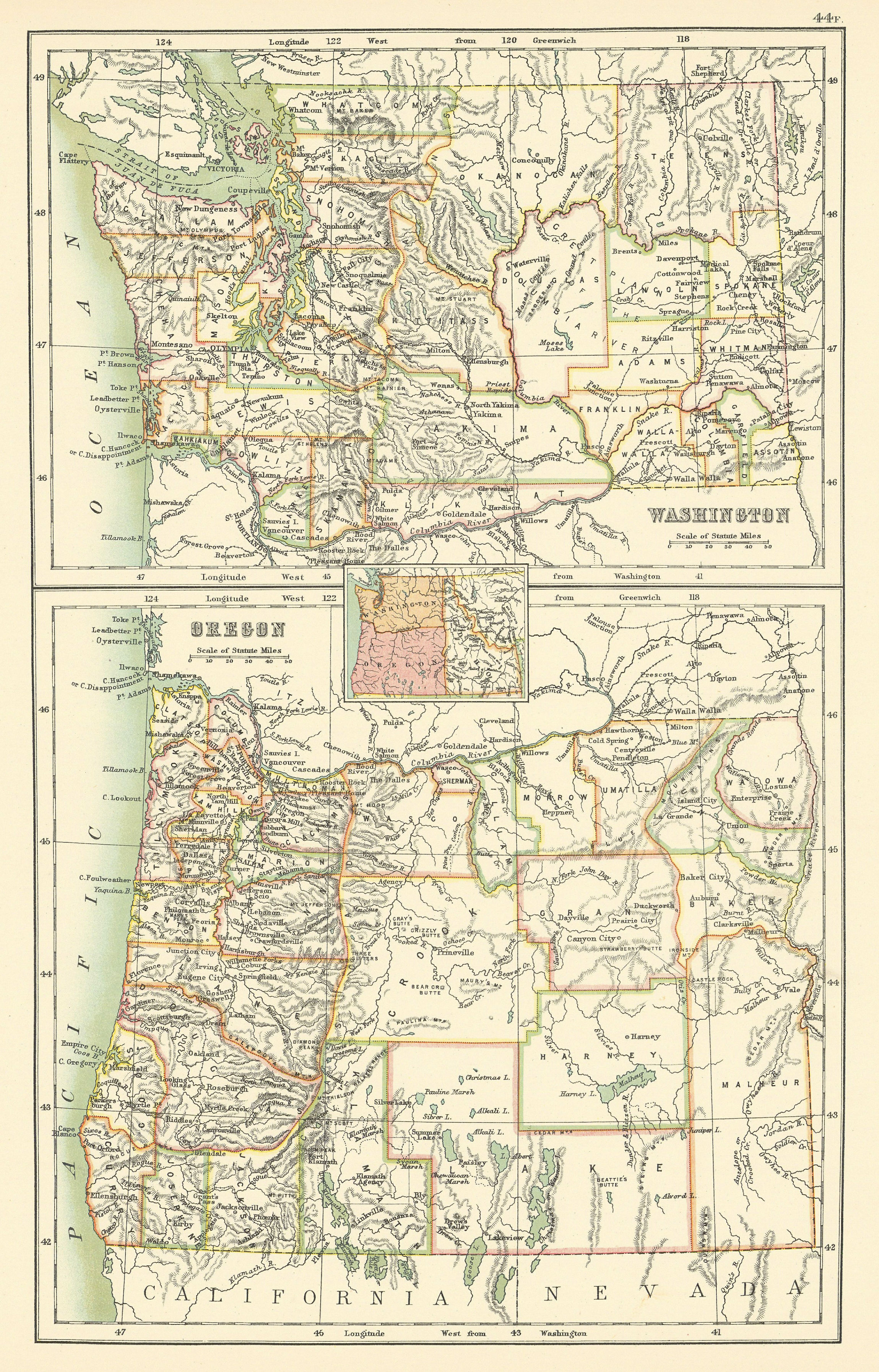 Oregon and Washington state maps showing counties. BARTHOLOMEW 1898 old