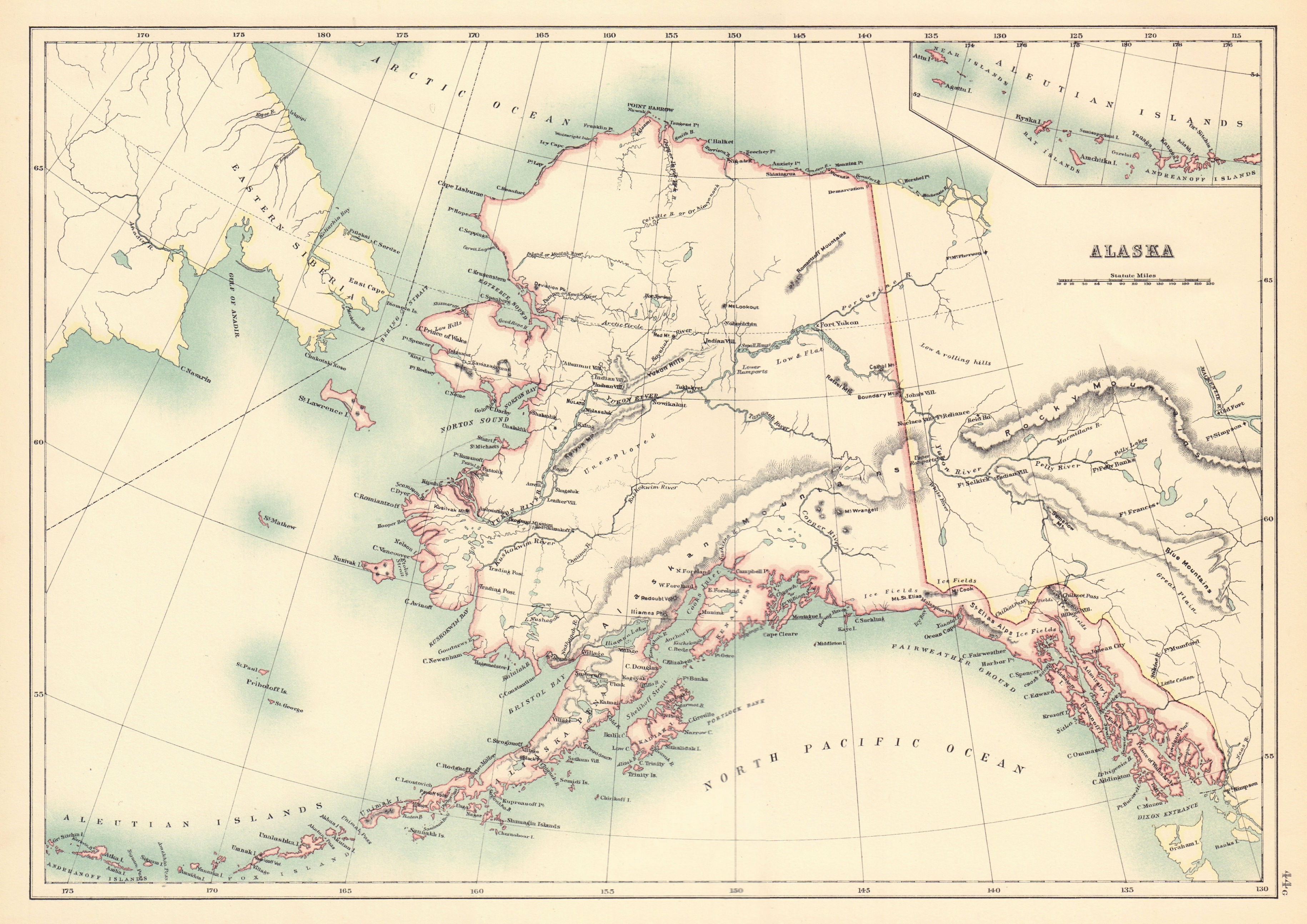 Alaska state map showing native American Indian villages. BARTHOLOMEW 1898