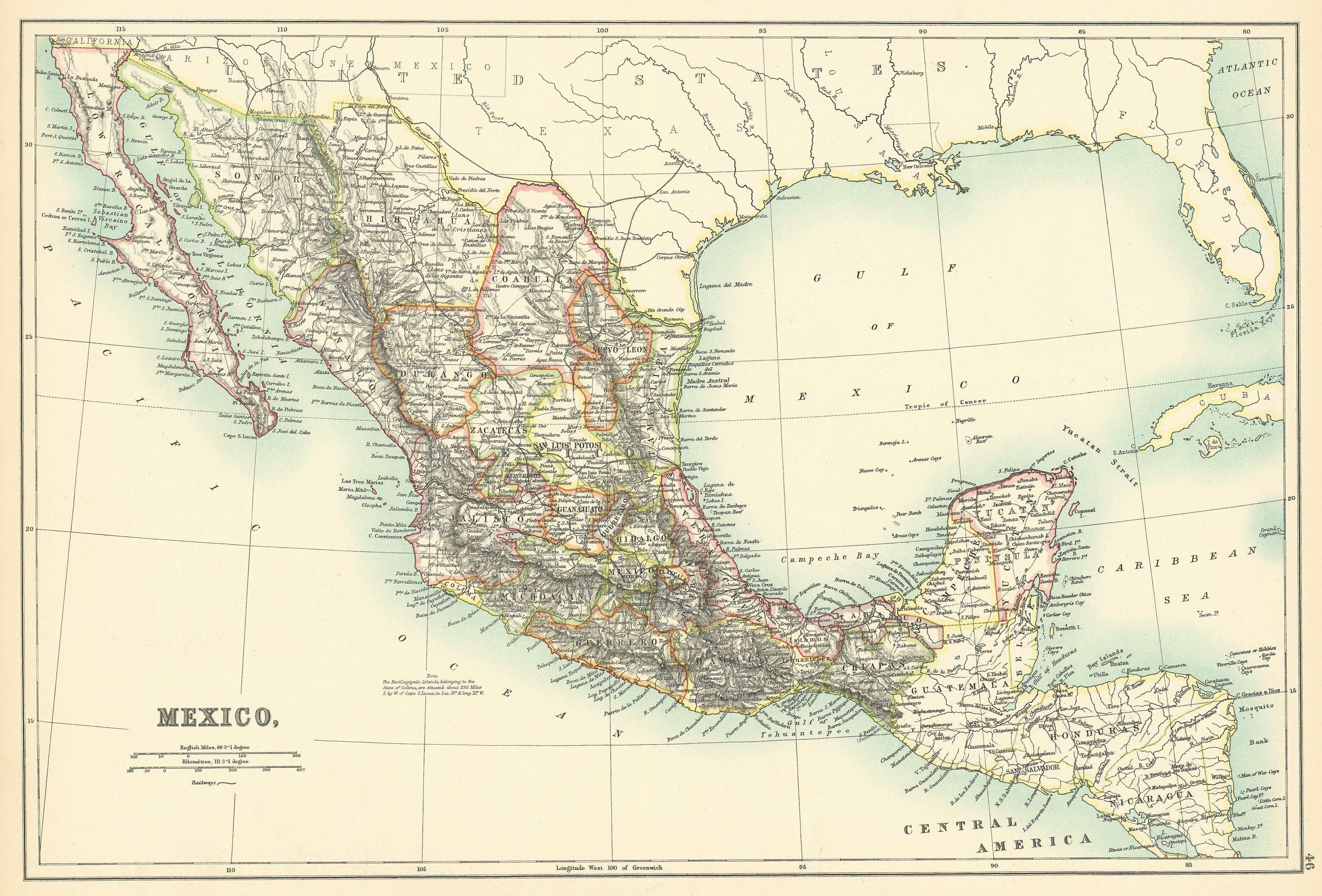 Mexico in states. Railways. BARTHOLOMEW 1898 old antique map plan chart