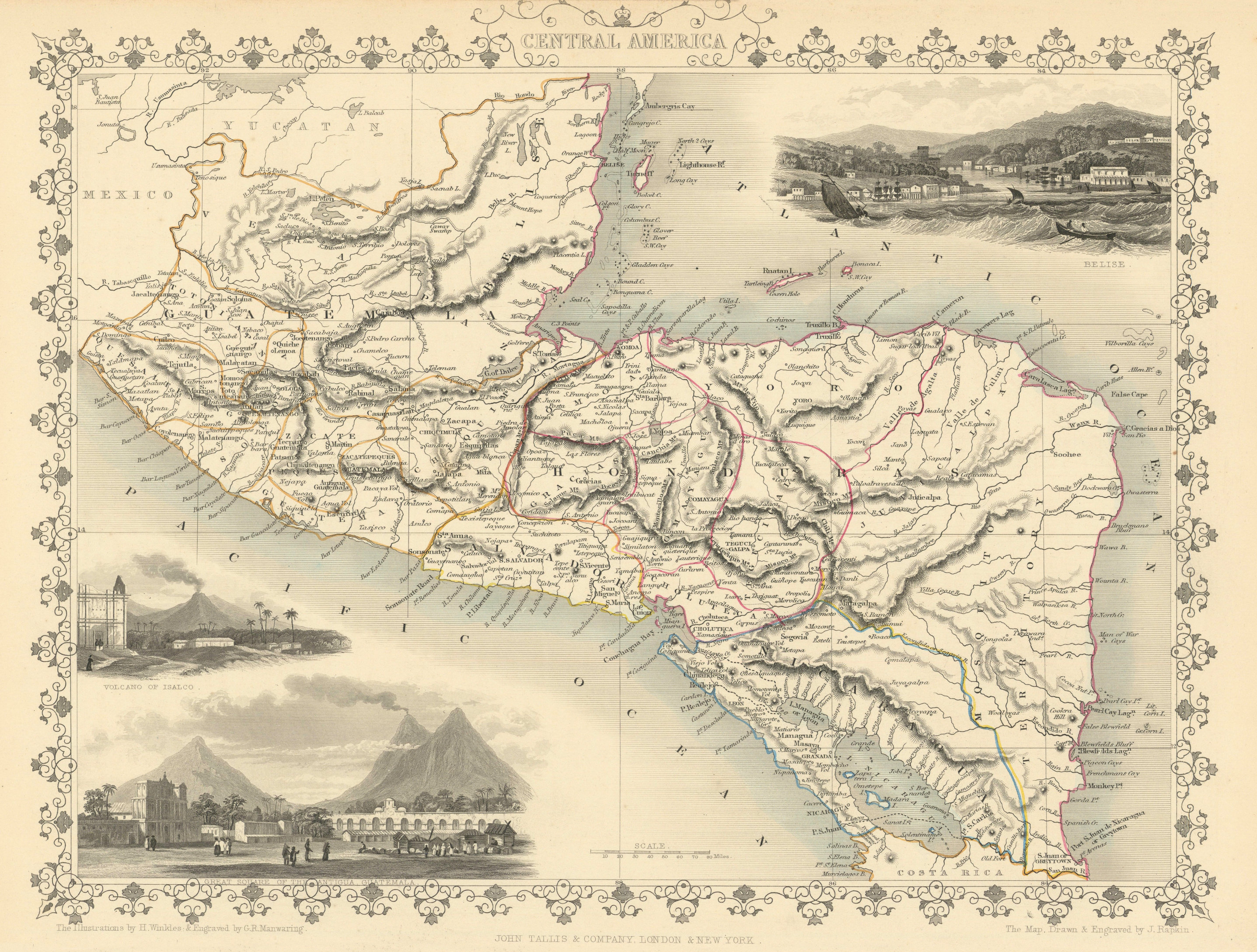 CENTRAL AMERICA Antigua Guatemala & Belize City views. TALLIS/RAPKIN 1851 map