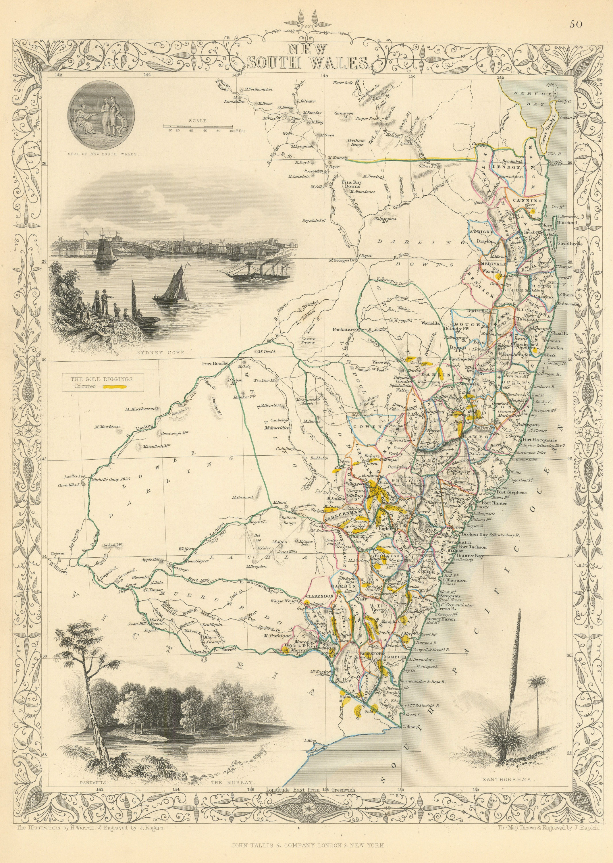 NEW SOUTH WALES showing Gold Rush fields/diggings. Sydney RAPKIN/TALLIS 1851 map