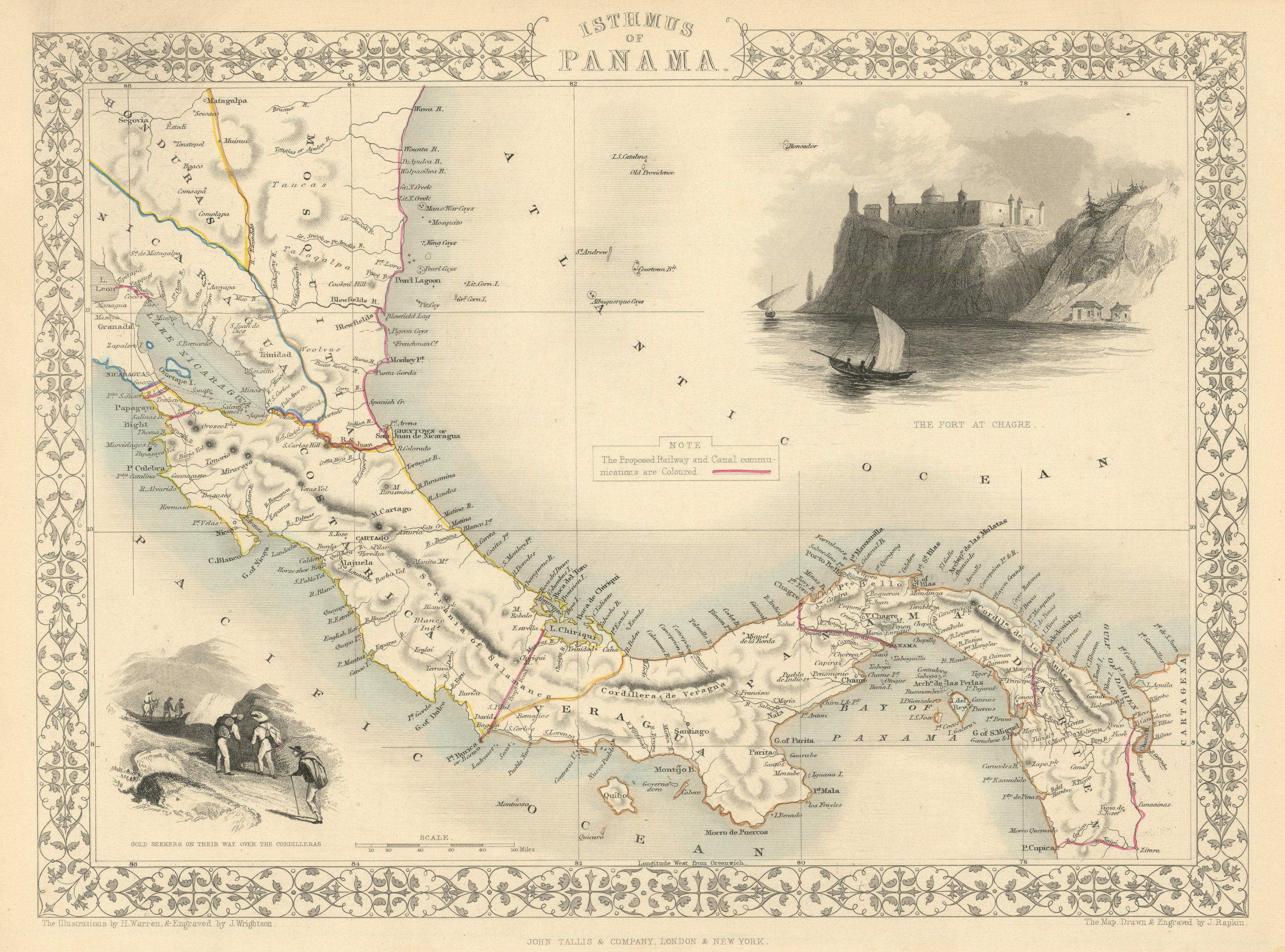 PANAMA ISTHMUS shows 7 proposed canal, rail & road routes RAPKIN/TALLIS 1851 map