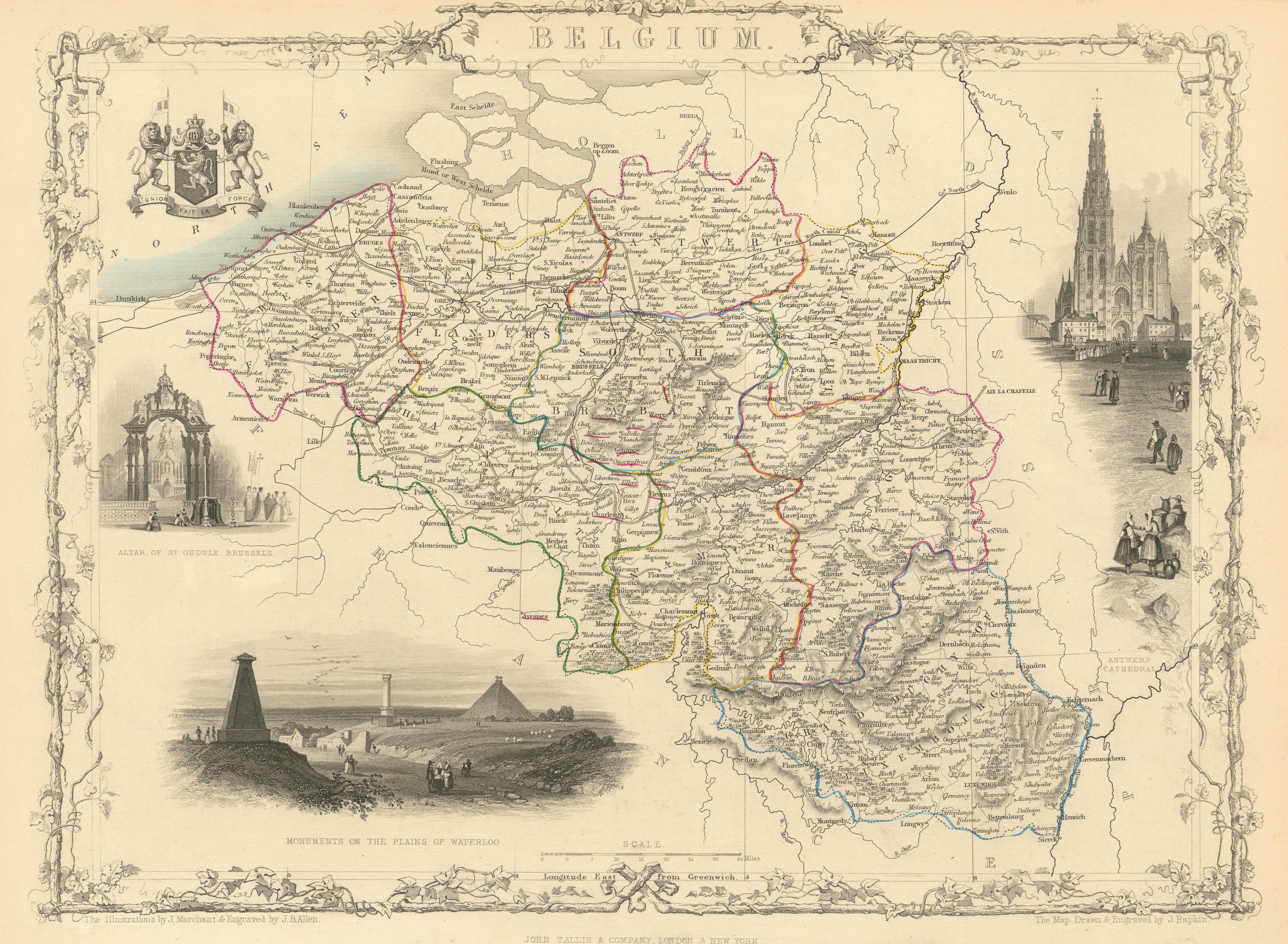 BELGIUM & Luxembourg. Napoleonic battlefields marked. TALLIS & RAPKIN 1851 map