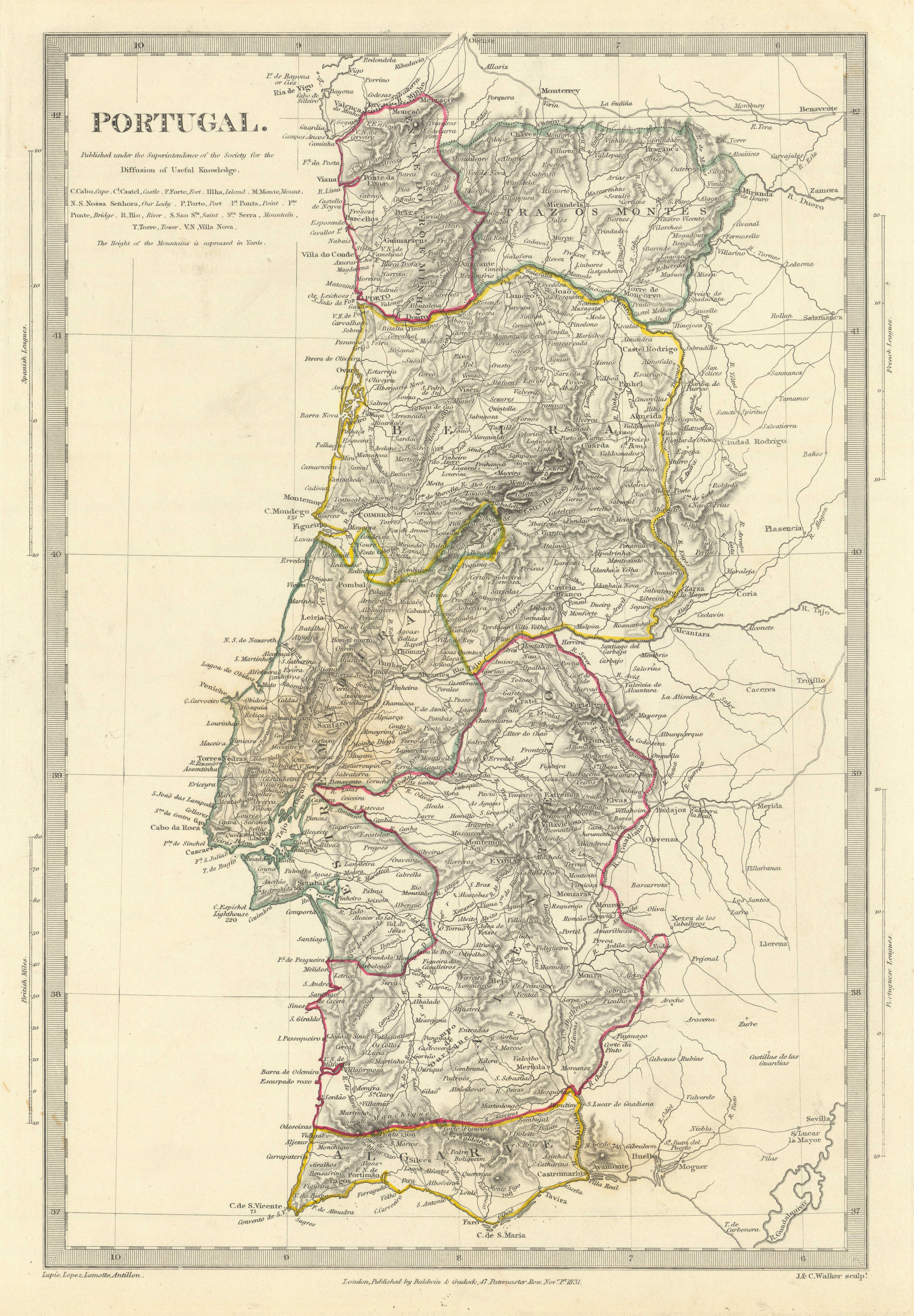 PORTUGAL Algarve Alentejo Estremadura Beira Traz os Montes SDUK 1844 old map