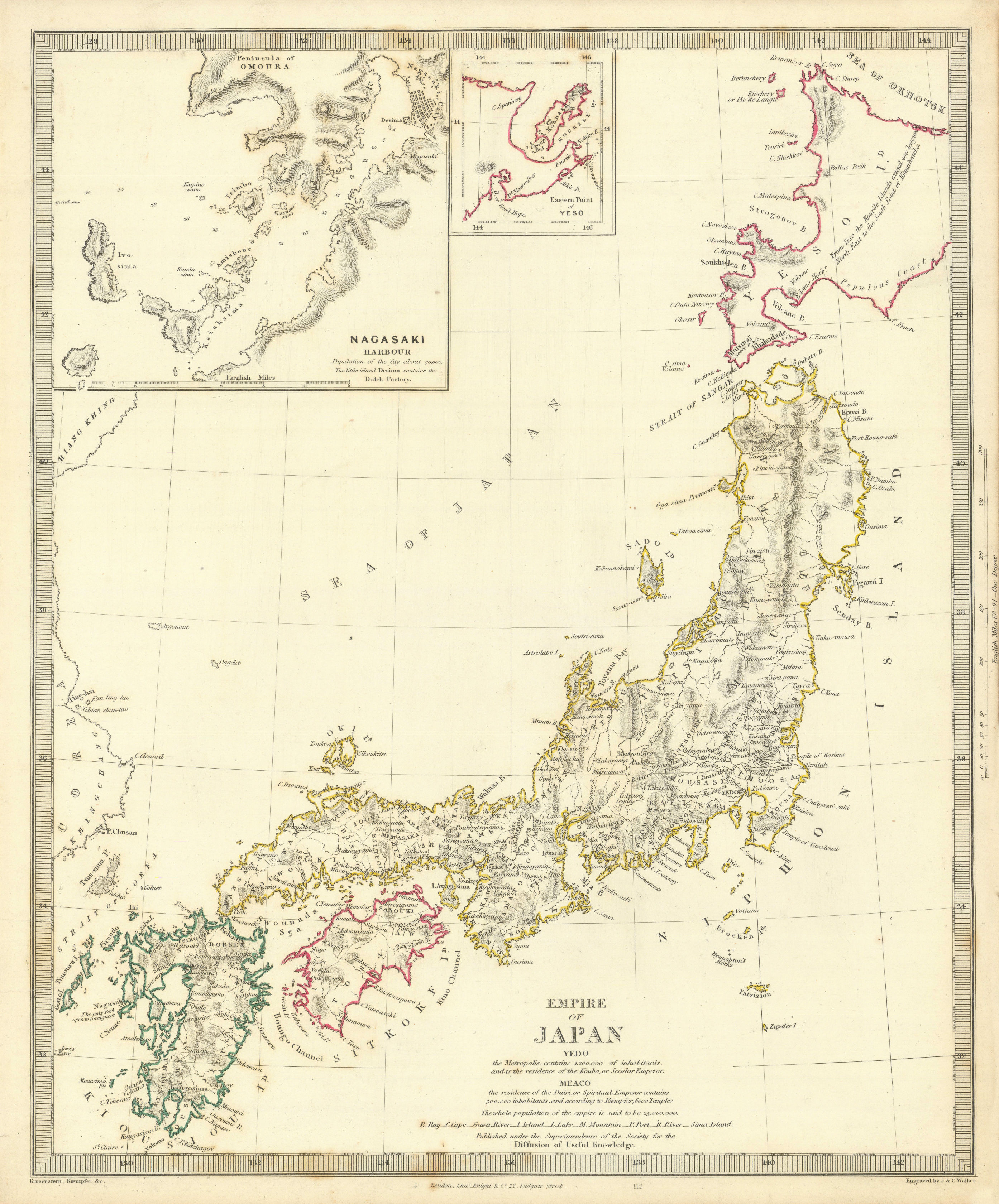 Associate Product EMPIRE OF JAPAN  Nagasaki Harbour Yeso Niphon Nippon SDUK 1844 old antique map